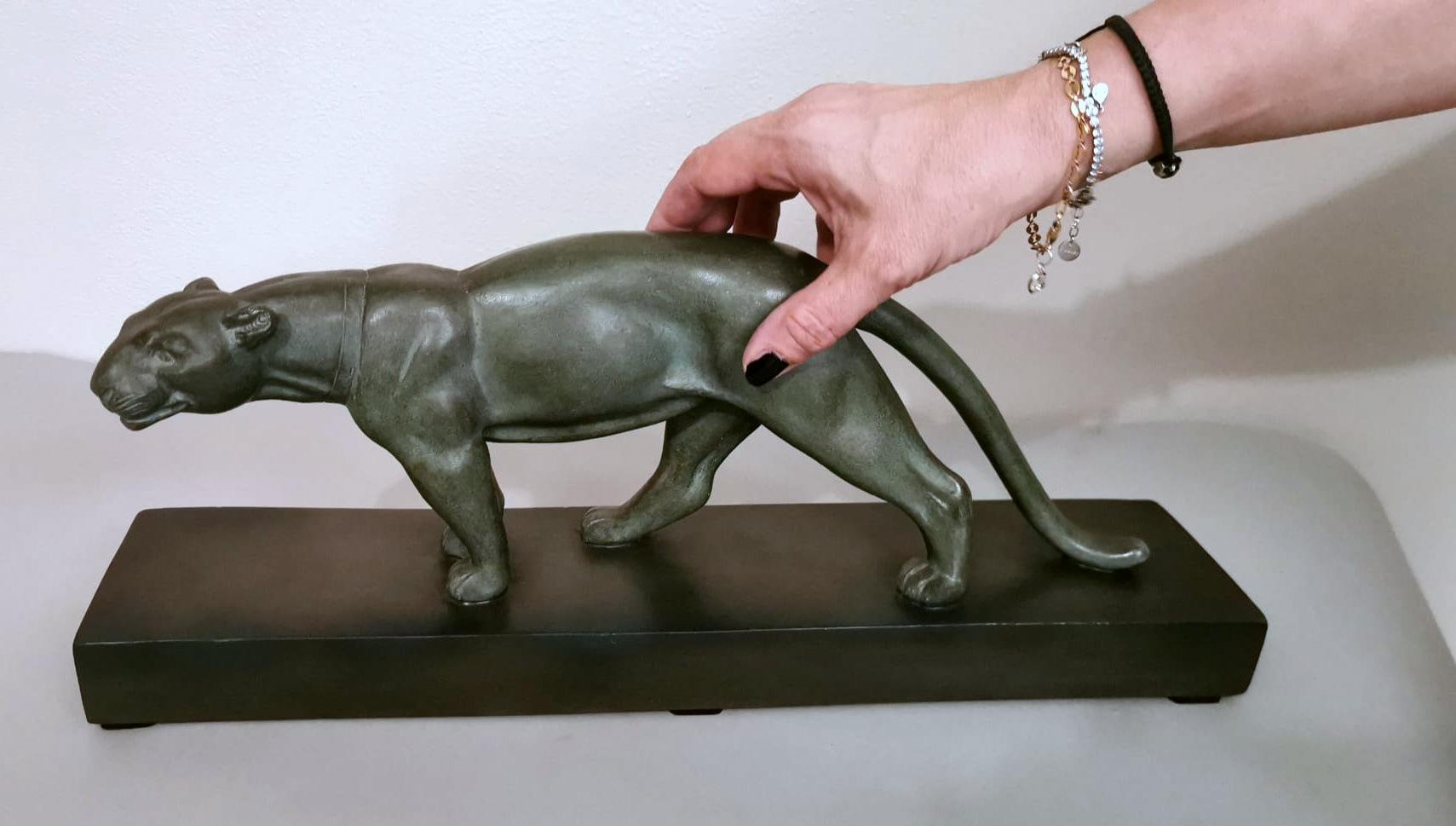 Art Deco A, Ouline Sculptor Panther Ceramic Patinated Bronze Effect with Base 11