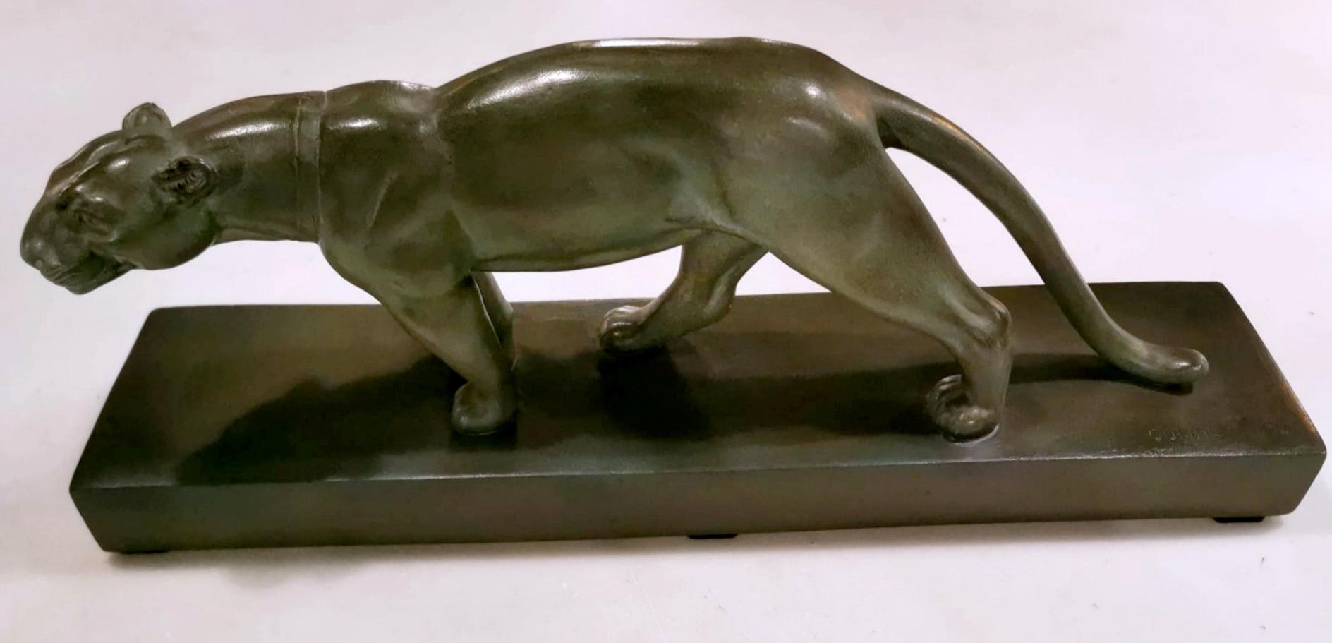 French Art Deco A, Ouline Sculptor Panther Ceramic Patinated Bronze Effect with Base