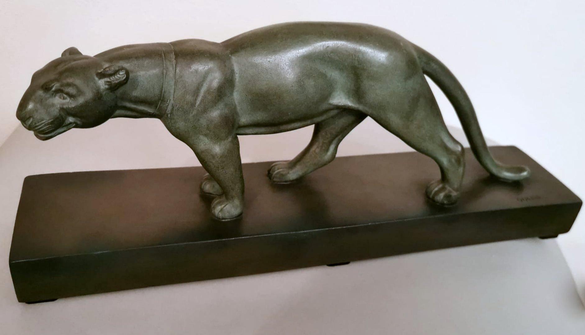Hand-Painted Art Deco A, Ouline Sculptor Panther Ceramic Patinated Bronze Effect with Base