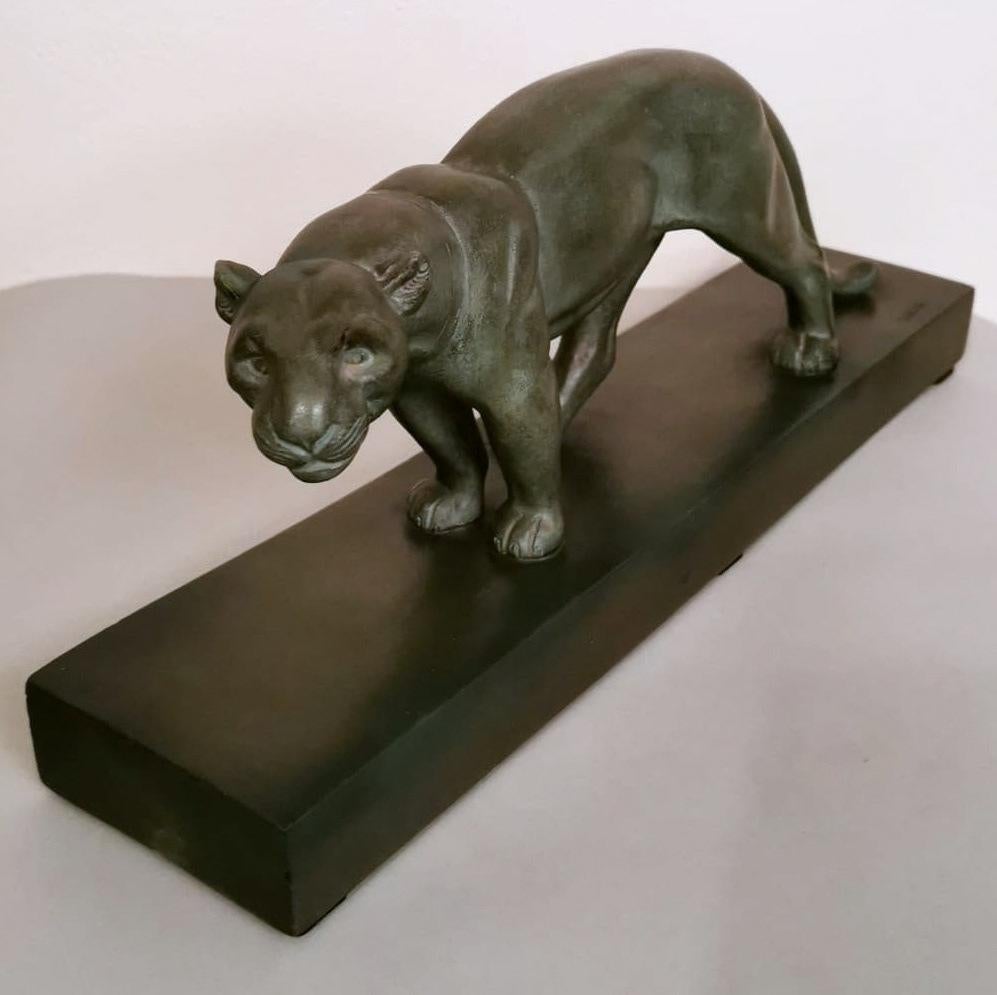 Art Deco A, Ouline Sculptor Panther Ceramic Patinated Bronze Effect with Base In Good Condition In Prato, Tuscany