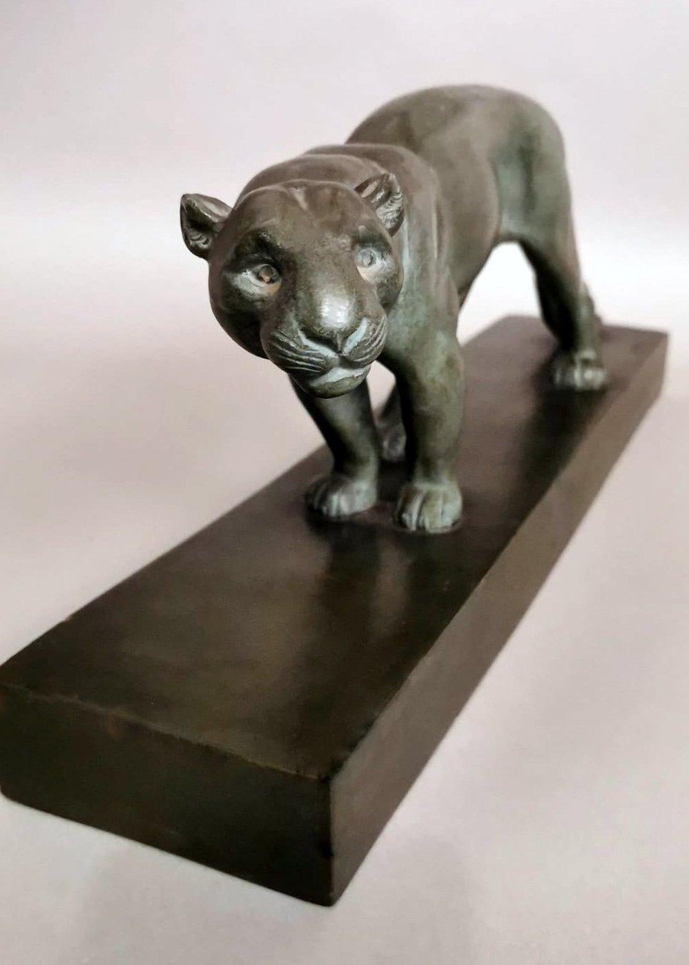 20th Century Art Deco A, Ouline Sculptor Panther Ceramic Patinated Bronze Effect with Base