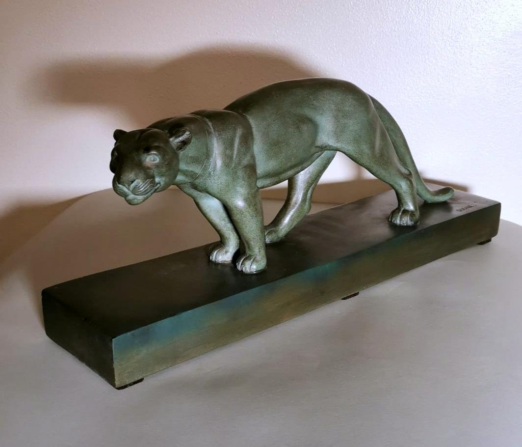 Art Deco A, Ouline Sculptor Panther Ceramic Patinated Bronze Effect with Base 1
