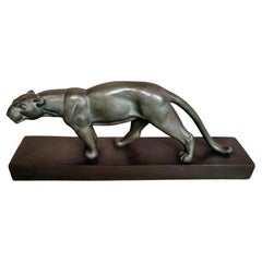 Art Deco A, Ouline Sculptor Panther Ceramic Patinated Bronze Effect with Base