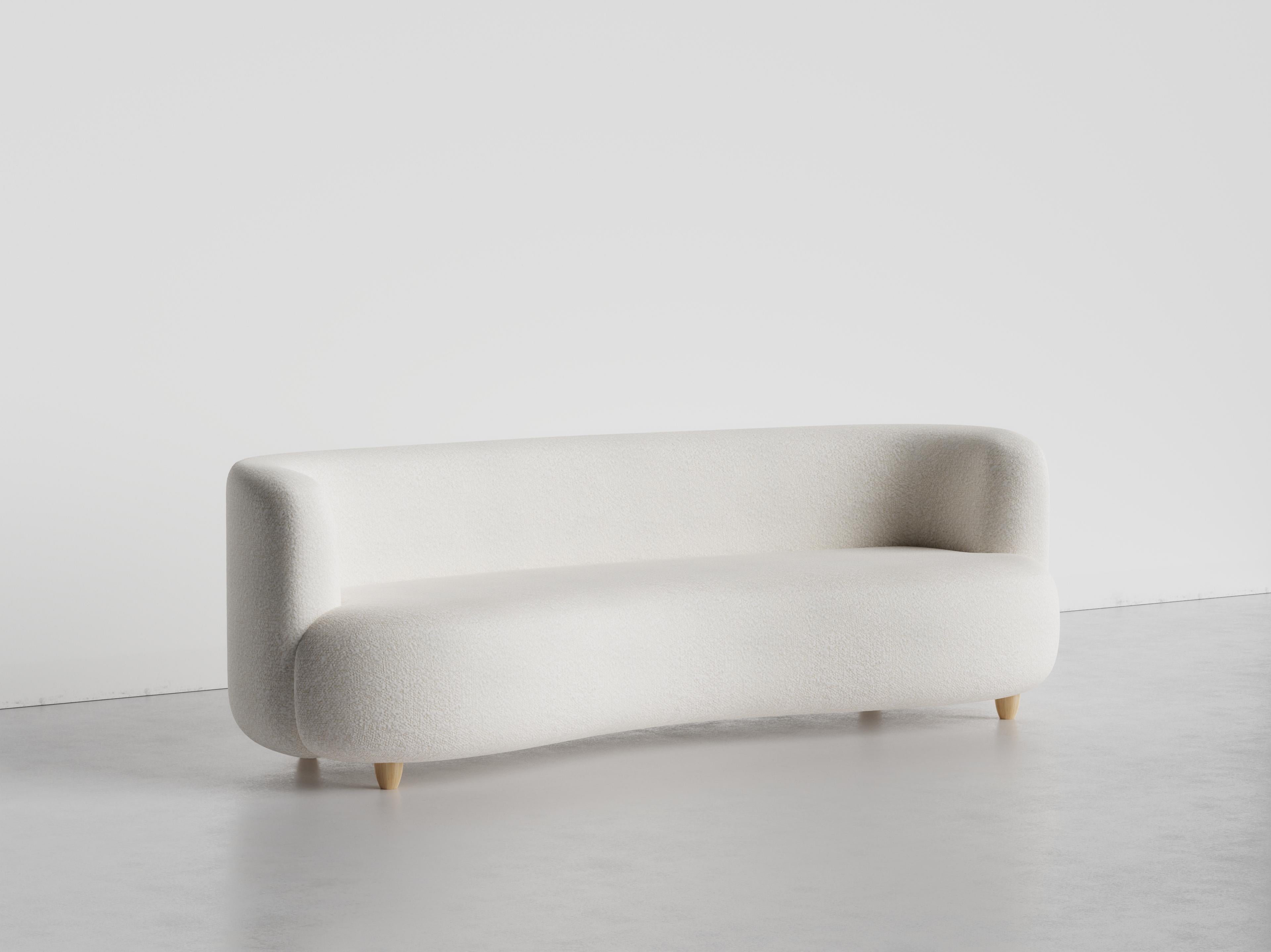 Portuguese Art Deco Abito Sofa, White Bouclé Fabric, Oak, Handmade Portugal by Greenapple For Sale