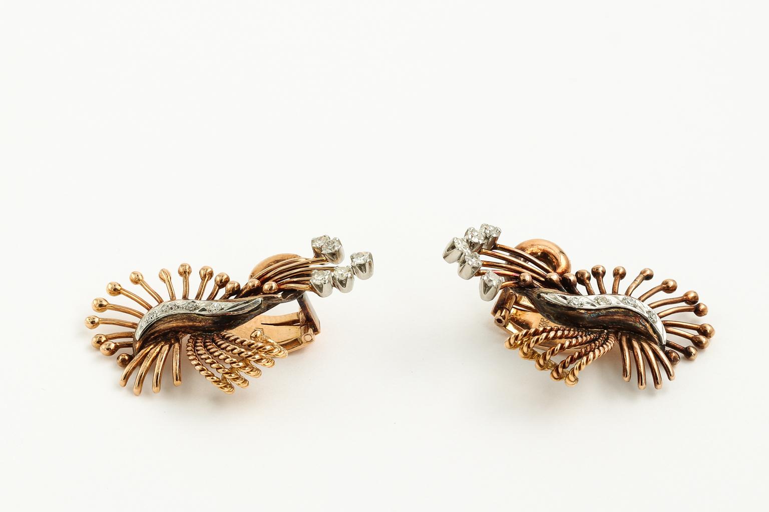 Art Deco Abstract 18 Karat Gold and Diamond Earrings, circa 1940s In Good Condition For Sale In St.amford, CT