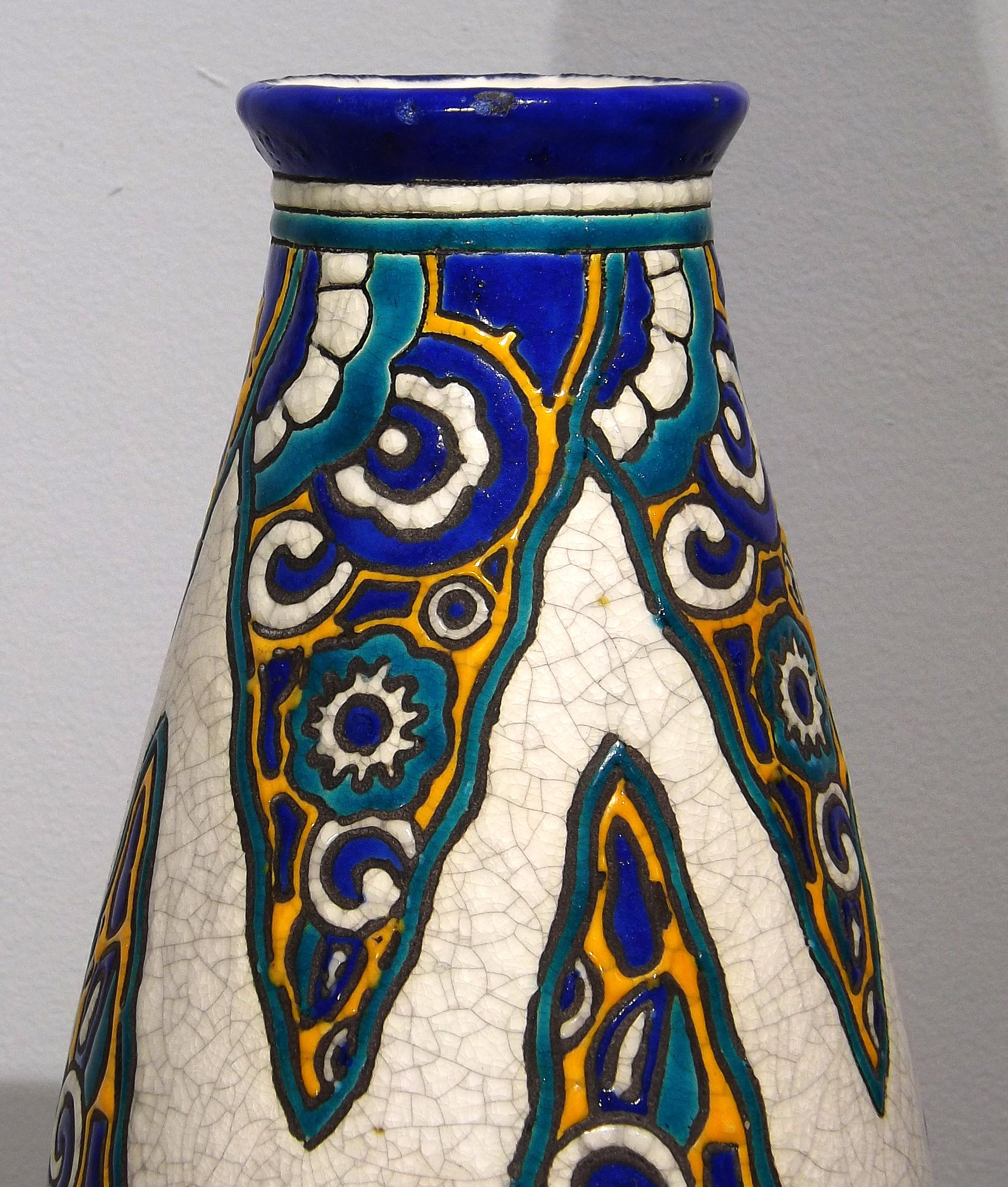Art Deco Abstract Vase with Cobalt and Yellow by Boch Freres Keramis, 1920s In Good Condition In Charlevoix, MI