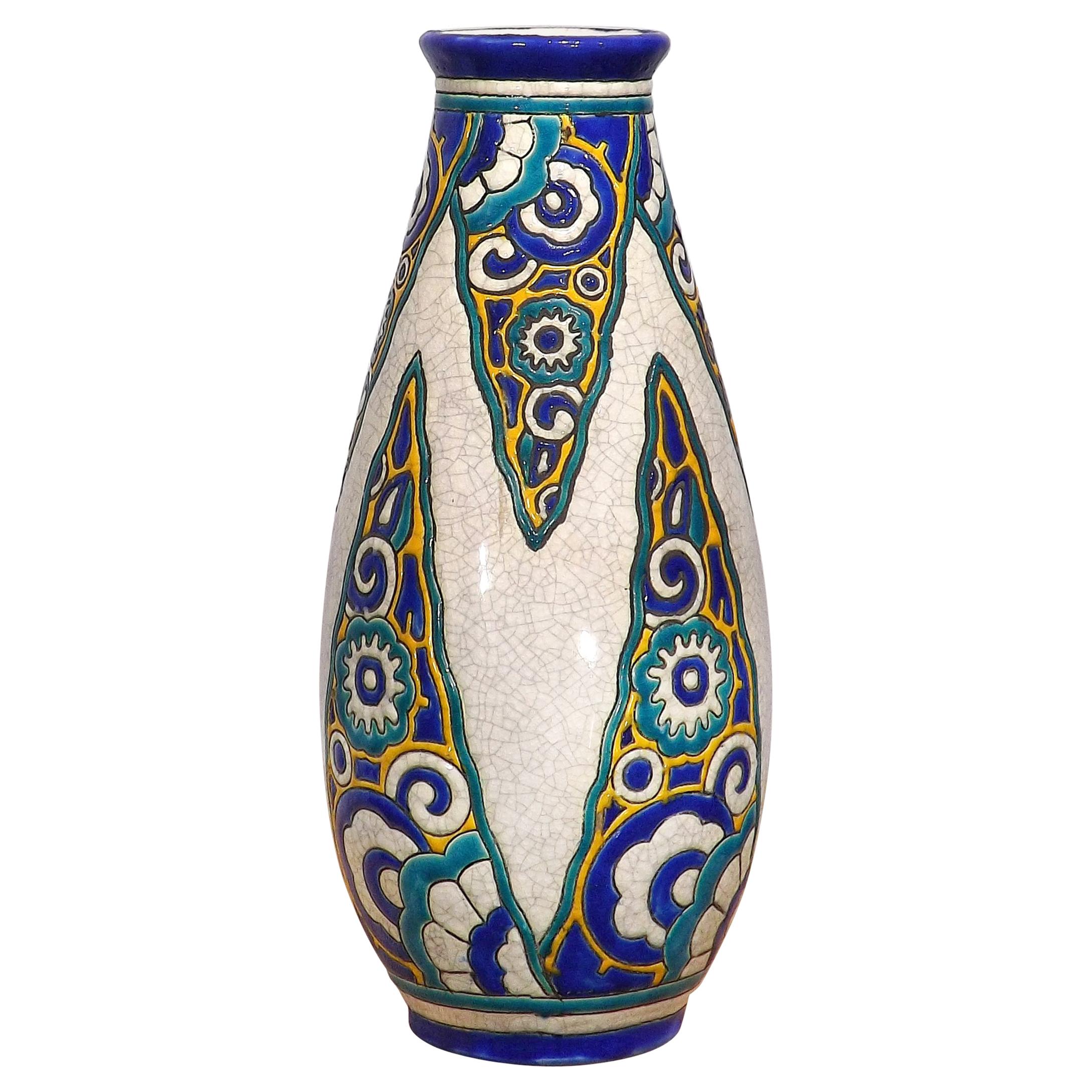 Art Deco Abstract Vase with Cobalt and Yellow by Boch Freres Keramis, 1920s