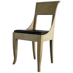 Antique Art Deco Accent Side Chair Distressed Gray Finish and Black Leather Seat