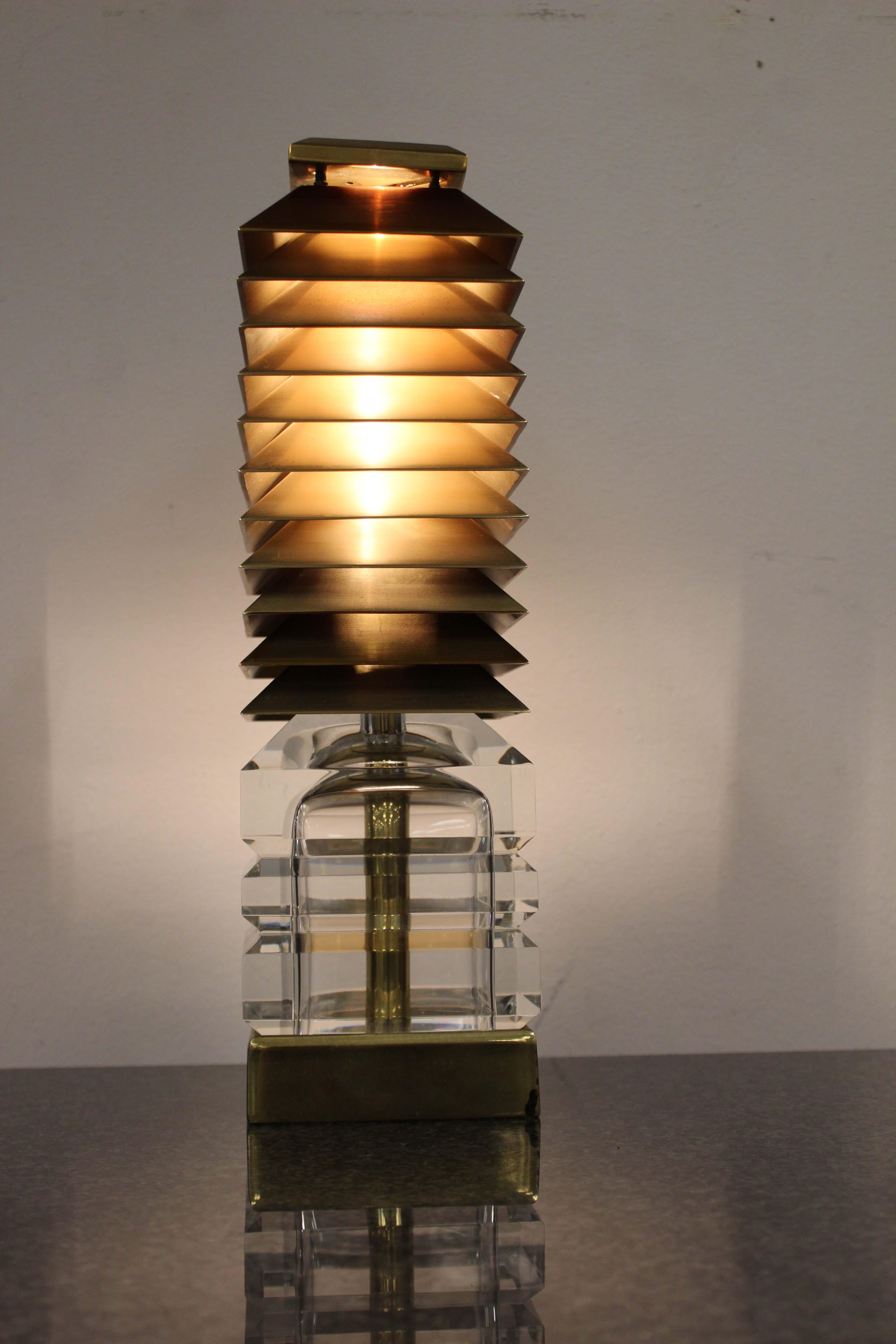 Art Deco Accent Table Lamp Baccarat Signed Brass Glass In Good Condition In Keego Harbor, MI