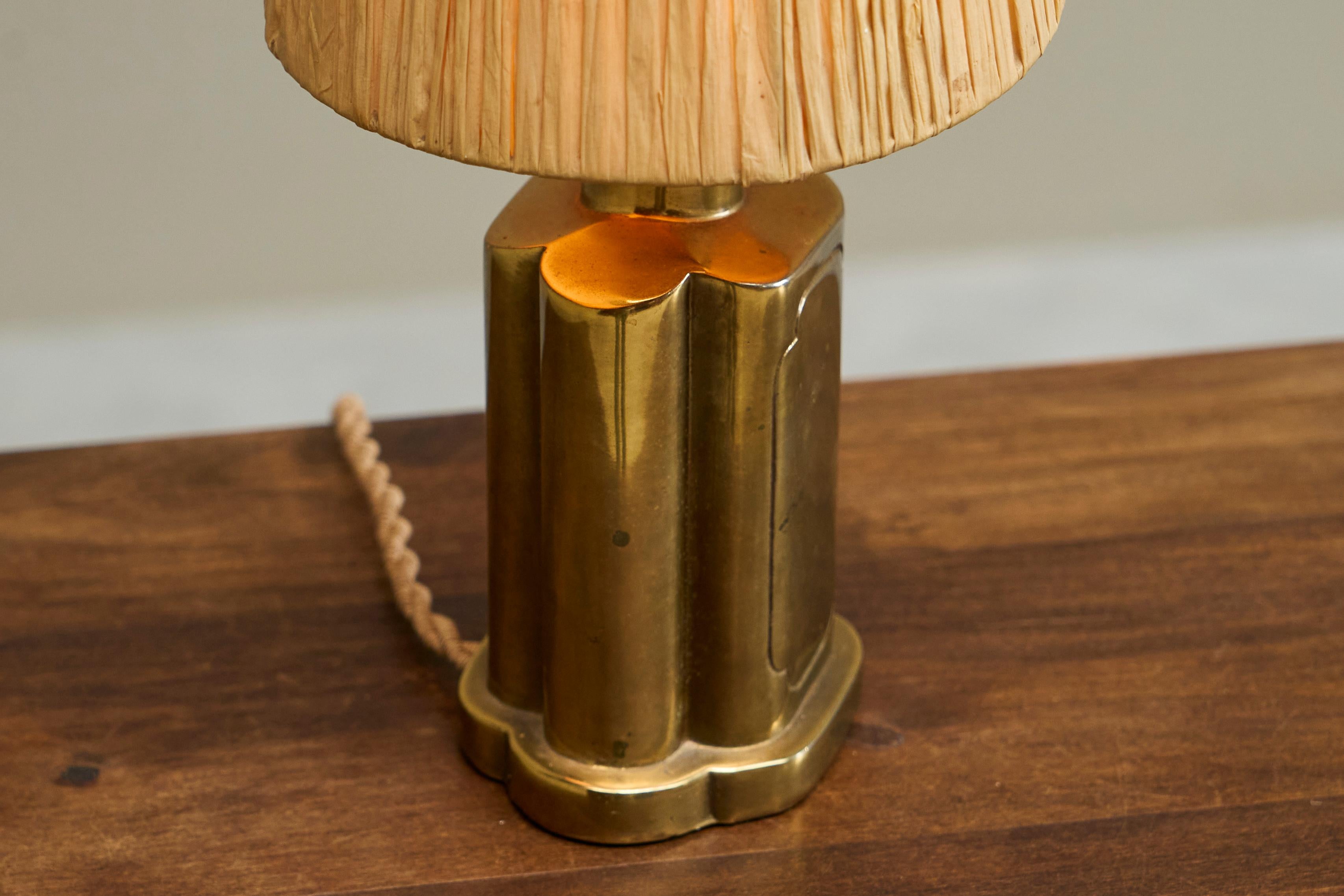 Art Deco Accent Table Lamp in Patinated Brass with Raffia Shade 1940s For Sale 5