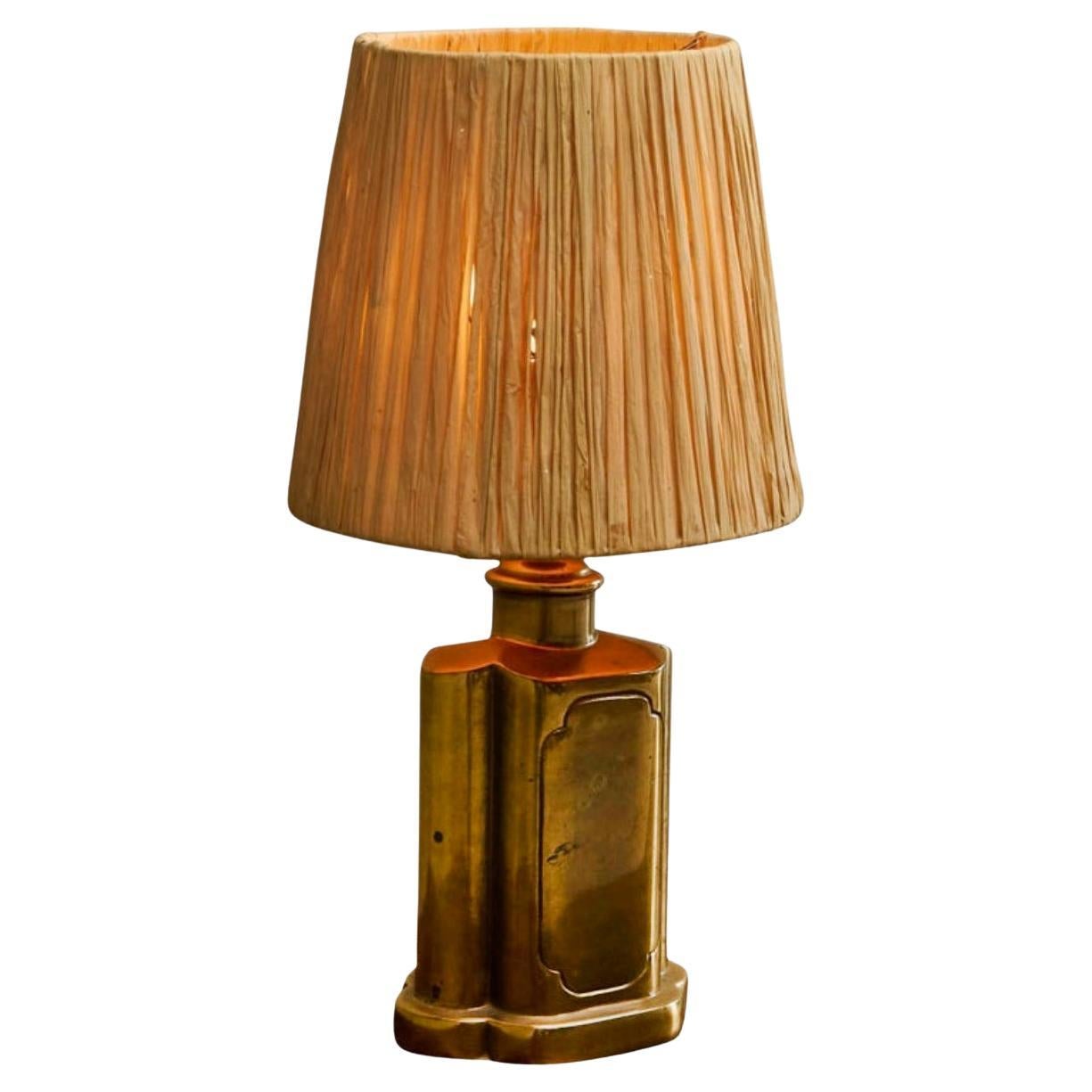 Art Deco Accent Table Lamp in Patinated Brass with Raffia Shade 1940s For Sale