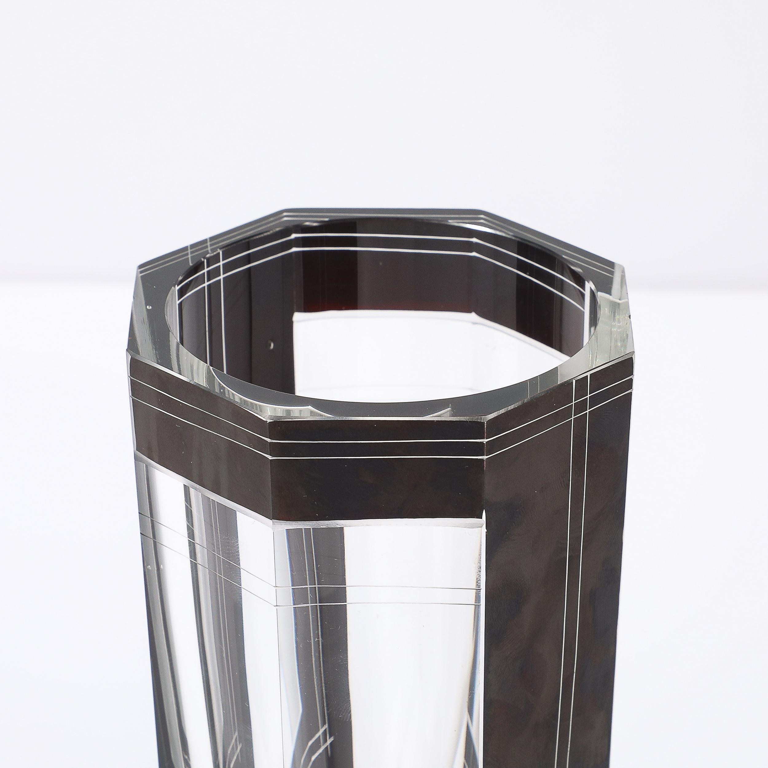 Art Deco Acid Etched Black Glass Vase with Grooved Detailing by Karl Palda For Sale 5