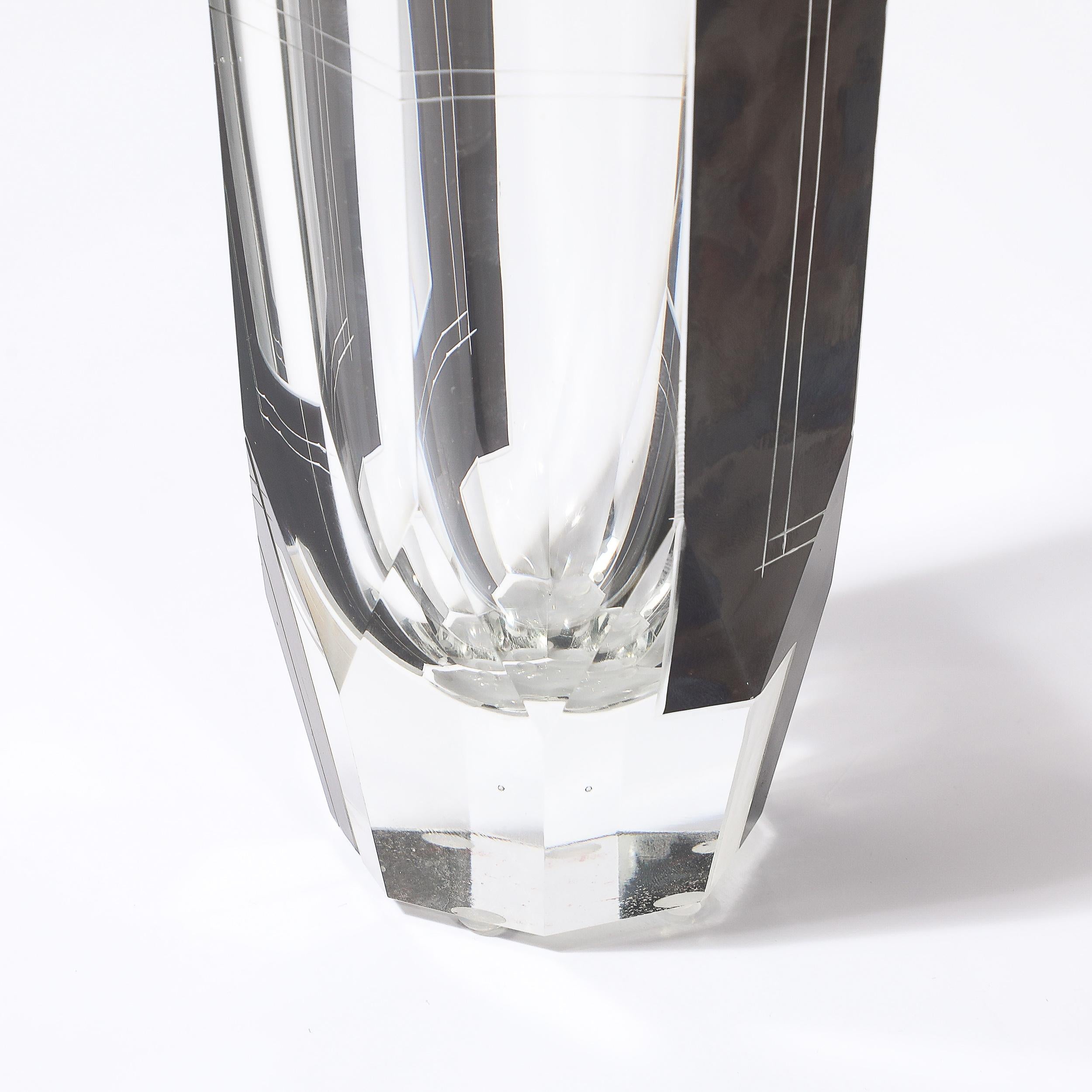 Art Deco Acid Etched Black Glass Vase with Grooved Detailing by Karl Palda For Sale 6