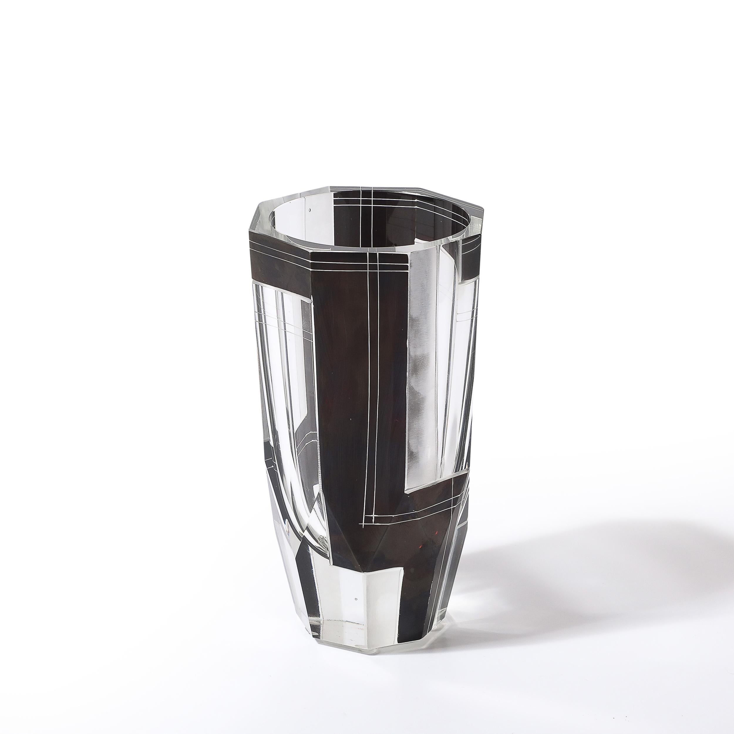Art Deco Acid Etched Black Glass Vase with Grooved Detailing by Karl Palda For Sale 7
