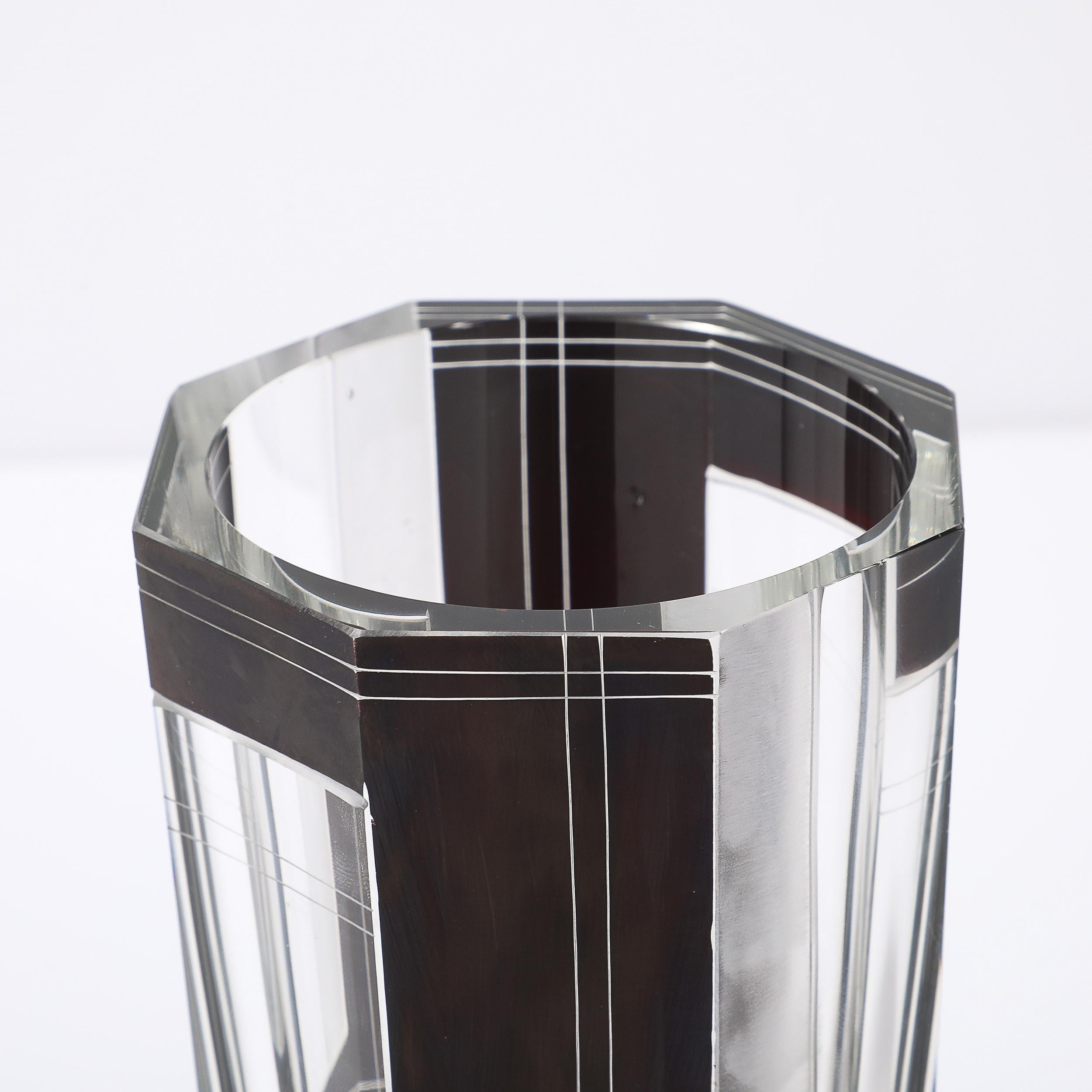 Art Deco Acid Etched Black Glass Vase with Grooved Detailing by Karl Palda For Sale 8