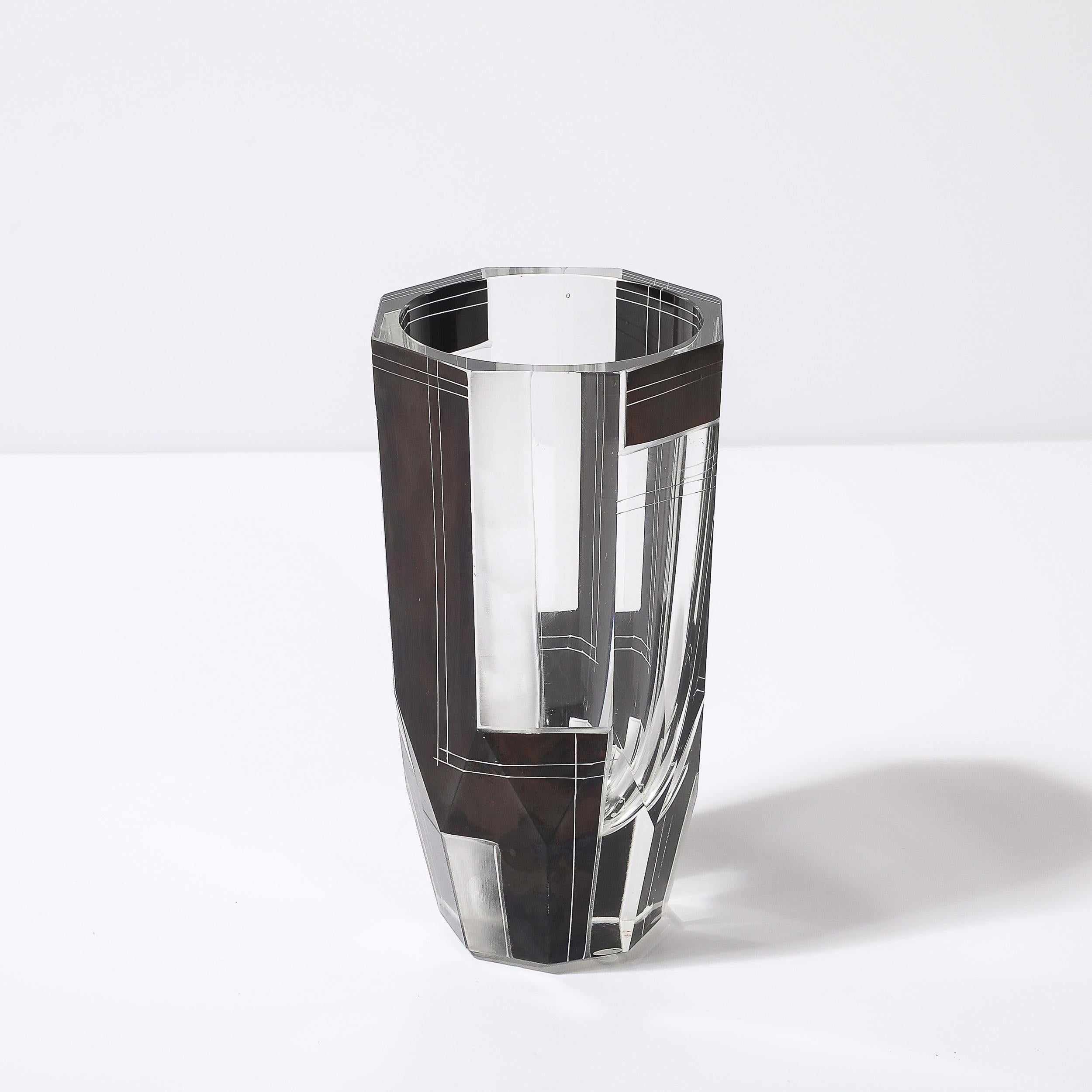 Art Deco Acid Etched Black Glass Vase with Grooved Detailing by Karl Palda For Sale 9