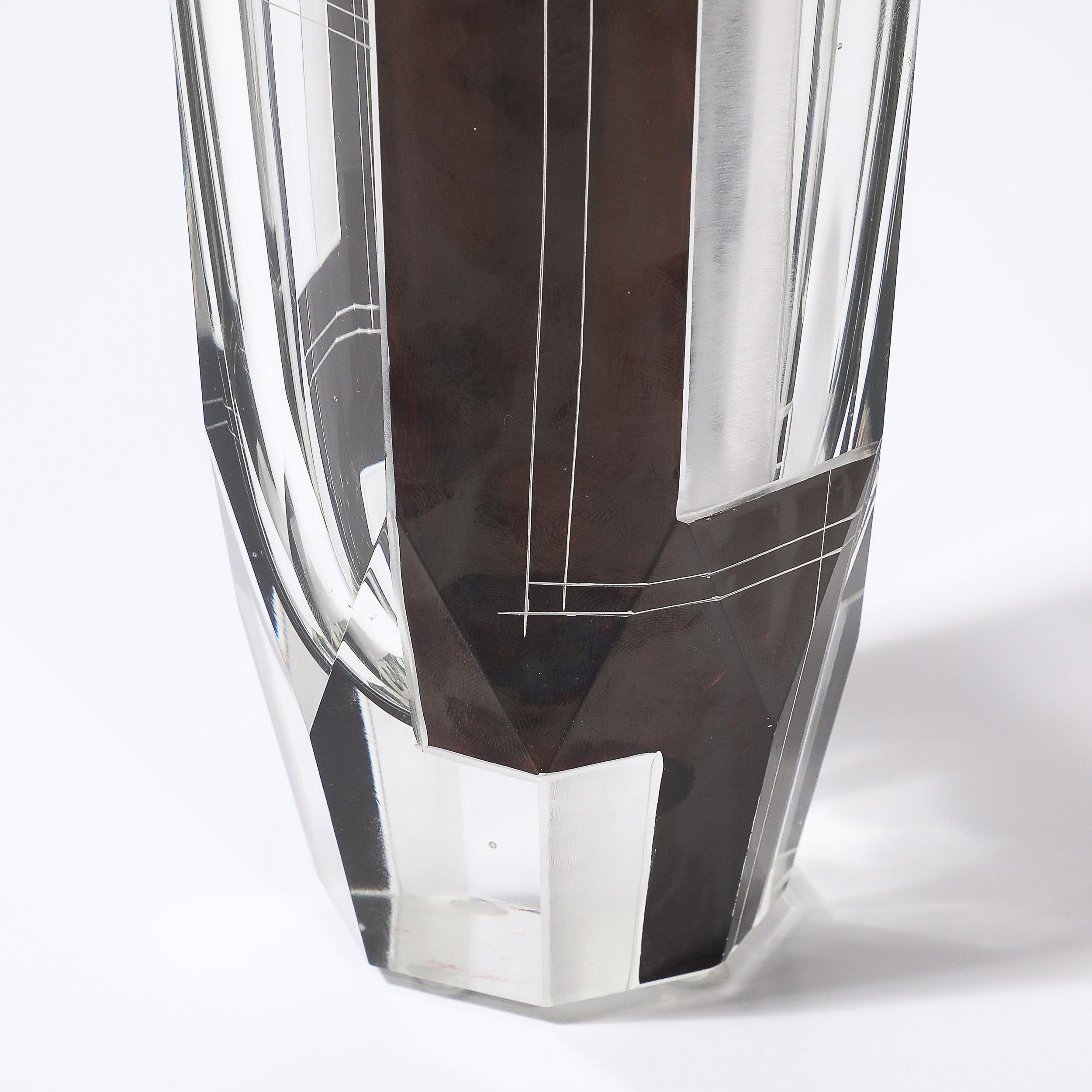 Czech Art Deco Acid Etched Black Glass Vase with Grooved Detailing by Karl Palda For Sale