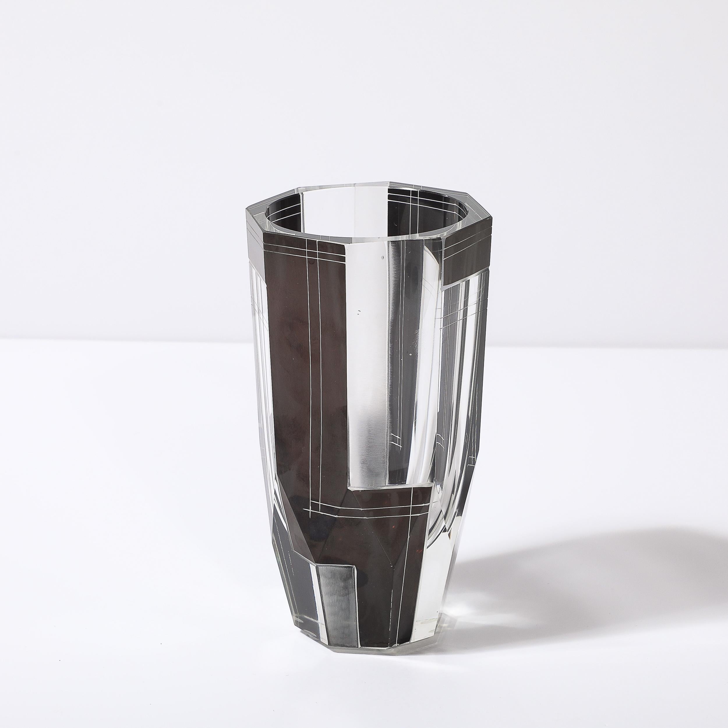 Art Deco Acid Etched Black Glass Vase with Grooved Detailing by Karl Palda In Excellent Condition For Sale In New York, NY