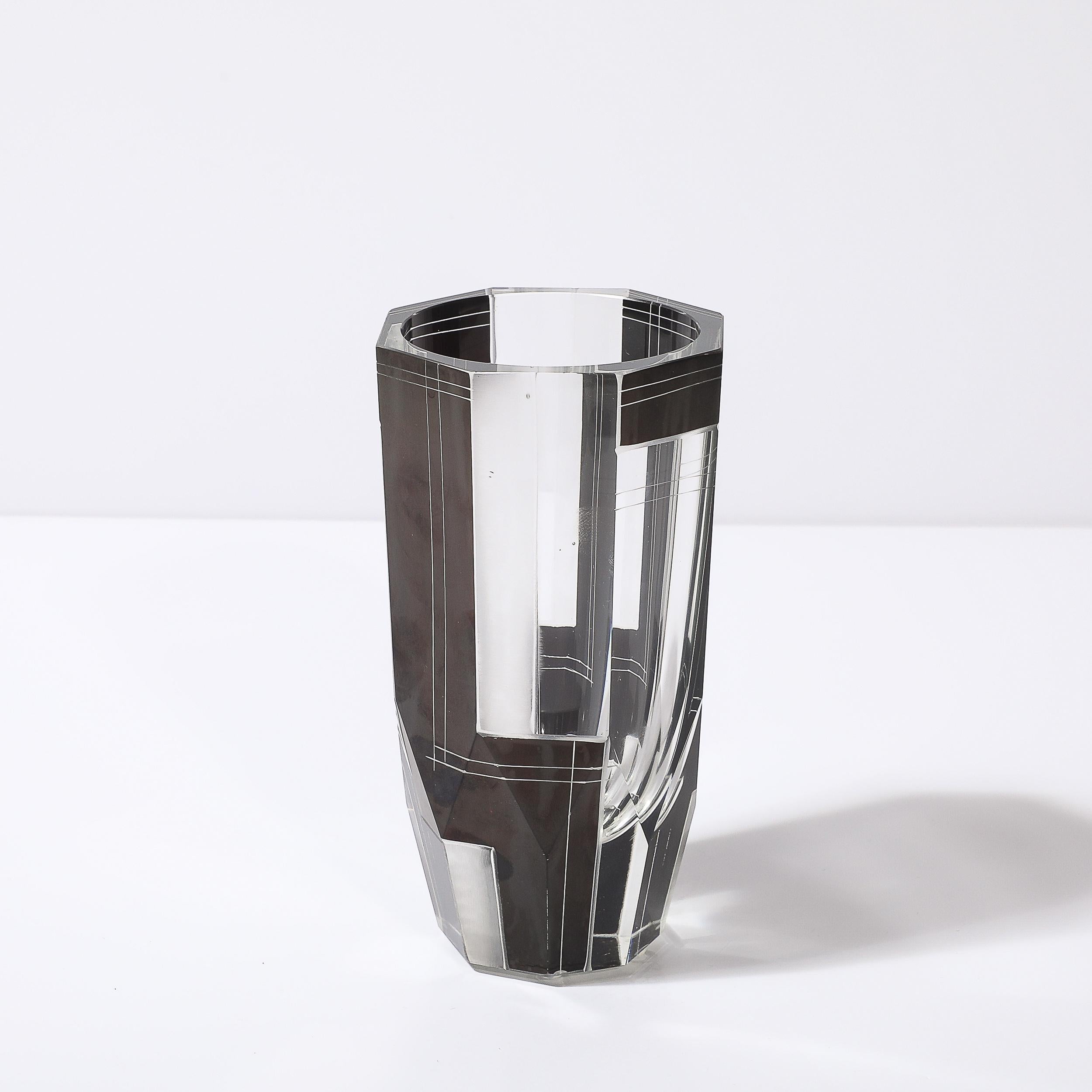 Mid-20th Century Art Deco Acid Etched Black Glass Vase with Grooved Detailing by Karl Palda For Sale