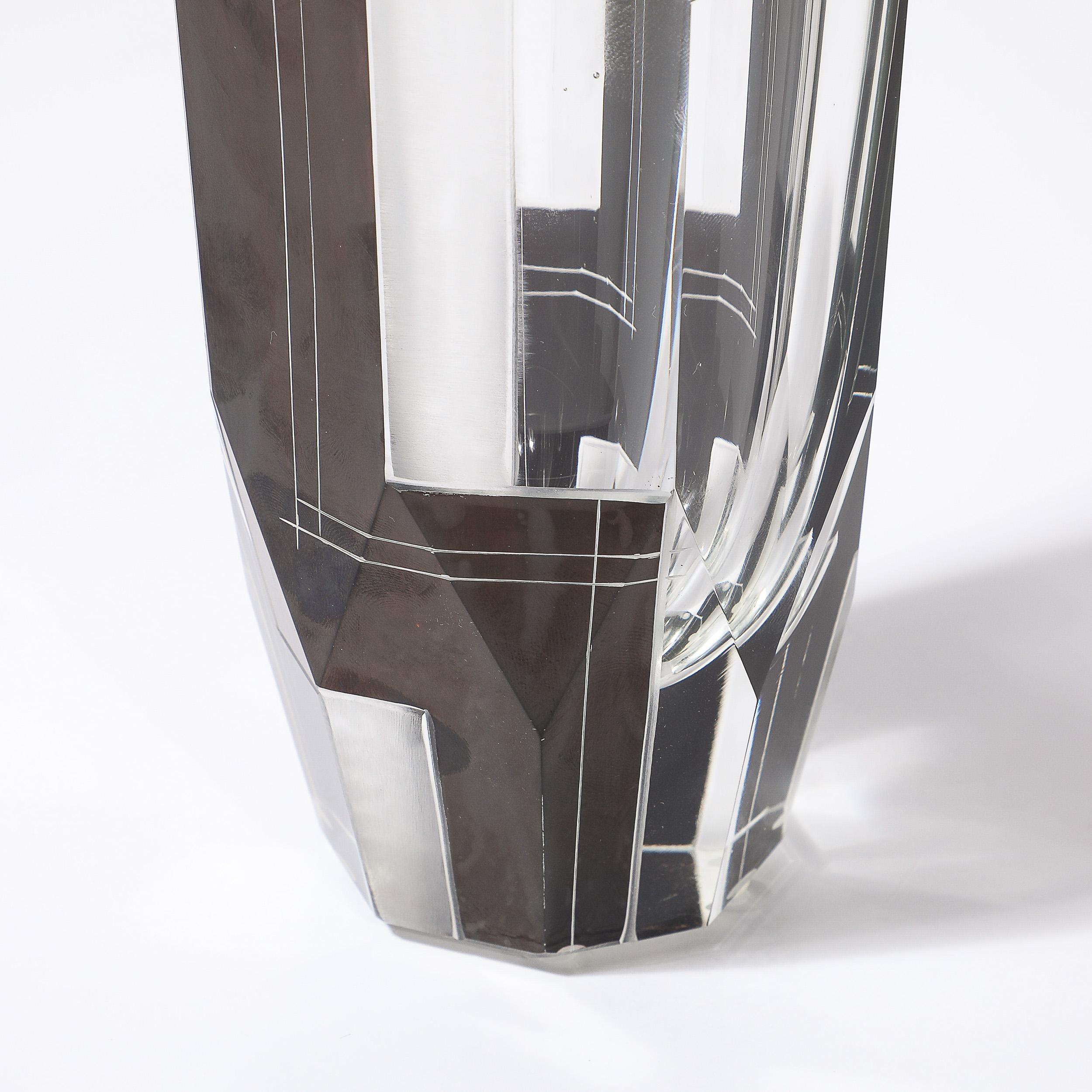 Art Deco Acid Etched Black Glass Vase with Grooved Detailing by Karl Palda For Sale 1