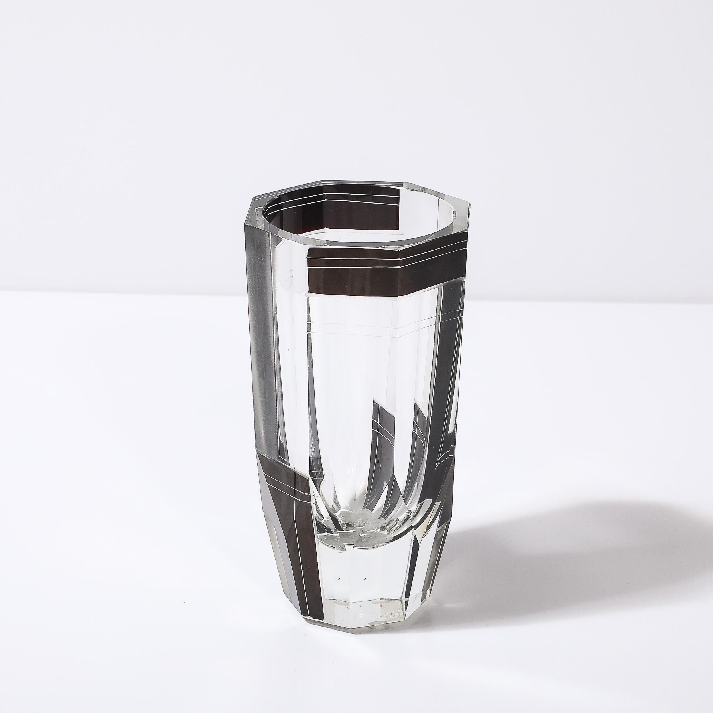 Art Deco Acid Etched Black Glass Vase with Grooved Detailing by Karl Palda For Sale 2