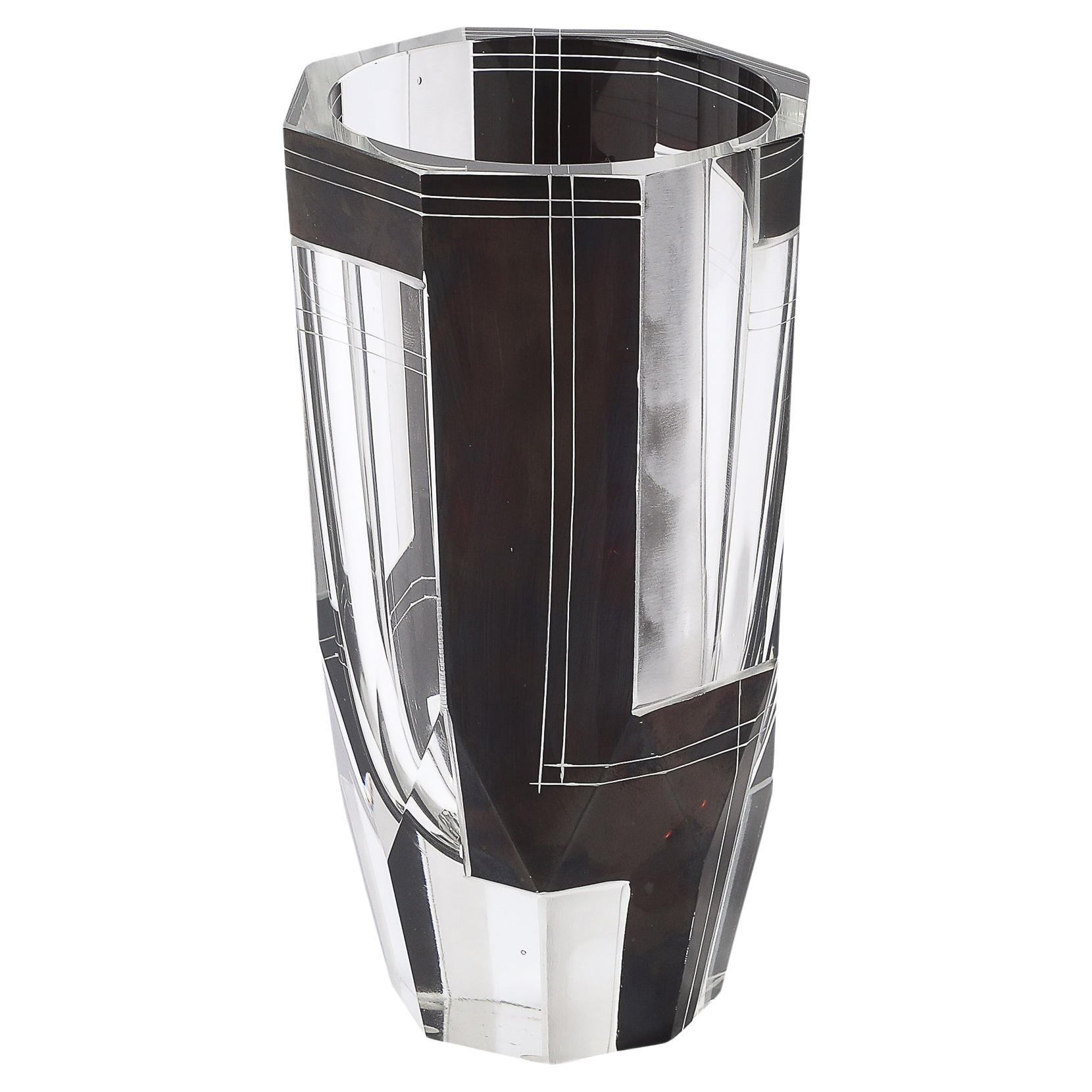 Art Deco Acid Etched Black Glass Vase with Grooved Detailing by Karl Palda For Sale