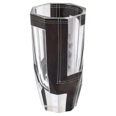 Art Deco Acid Etched Black Glass Vase with Grooved Detailing by Karl Palda
