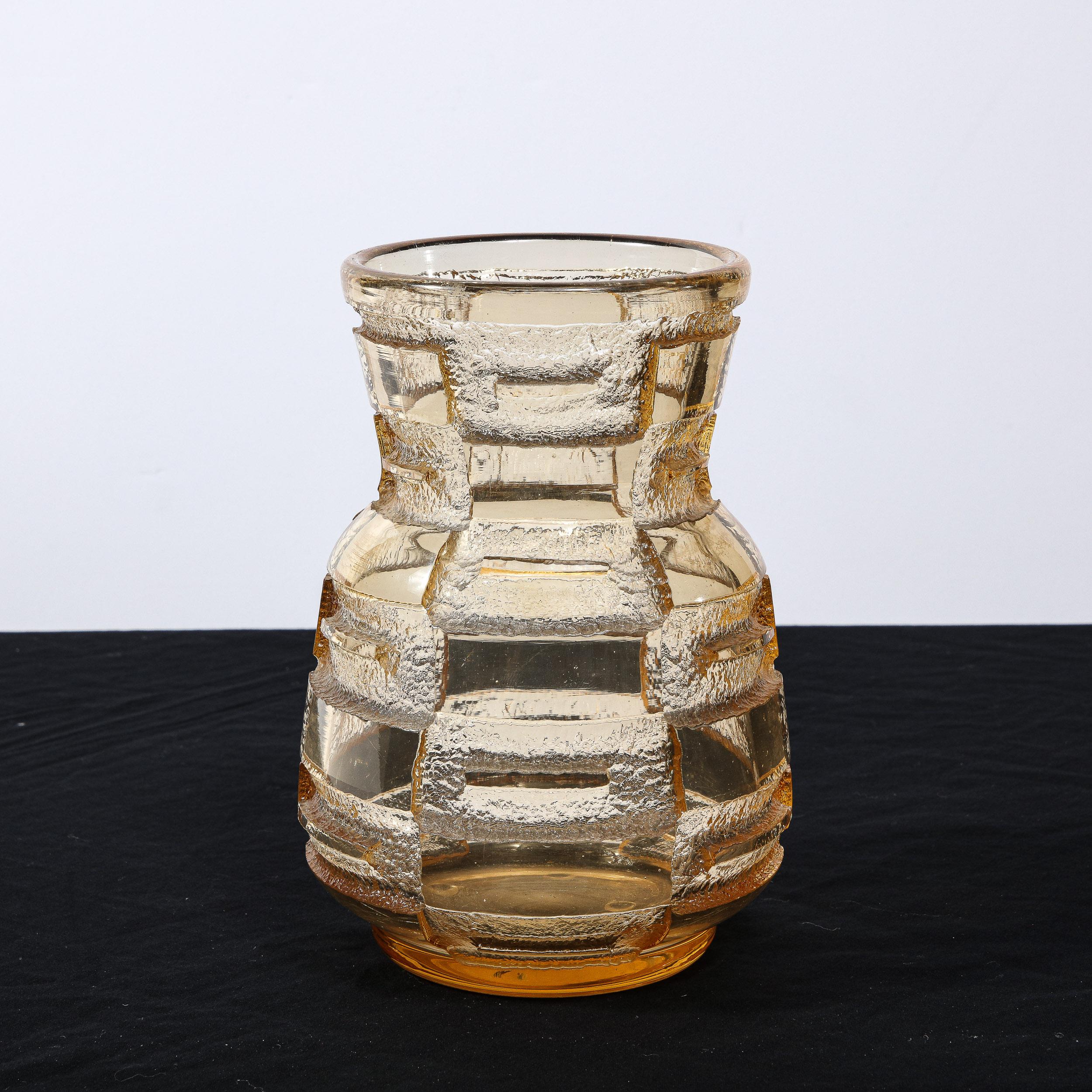 Art Deco Acid Etched Smoked Citrine Recess Molded Vase Signed by Daum Nancy For Sale 9