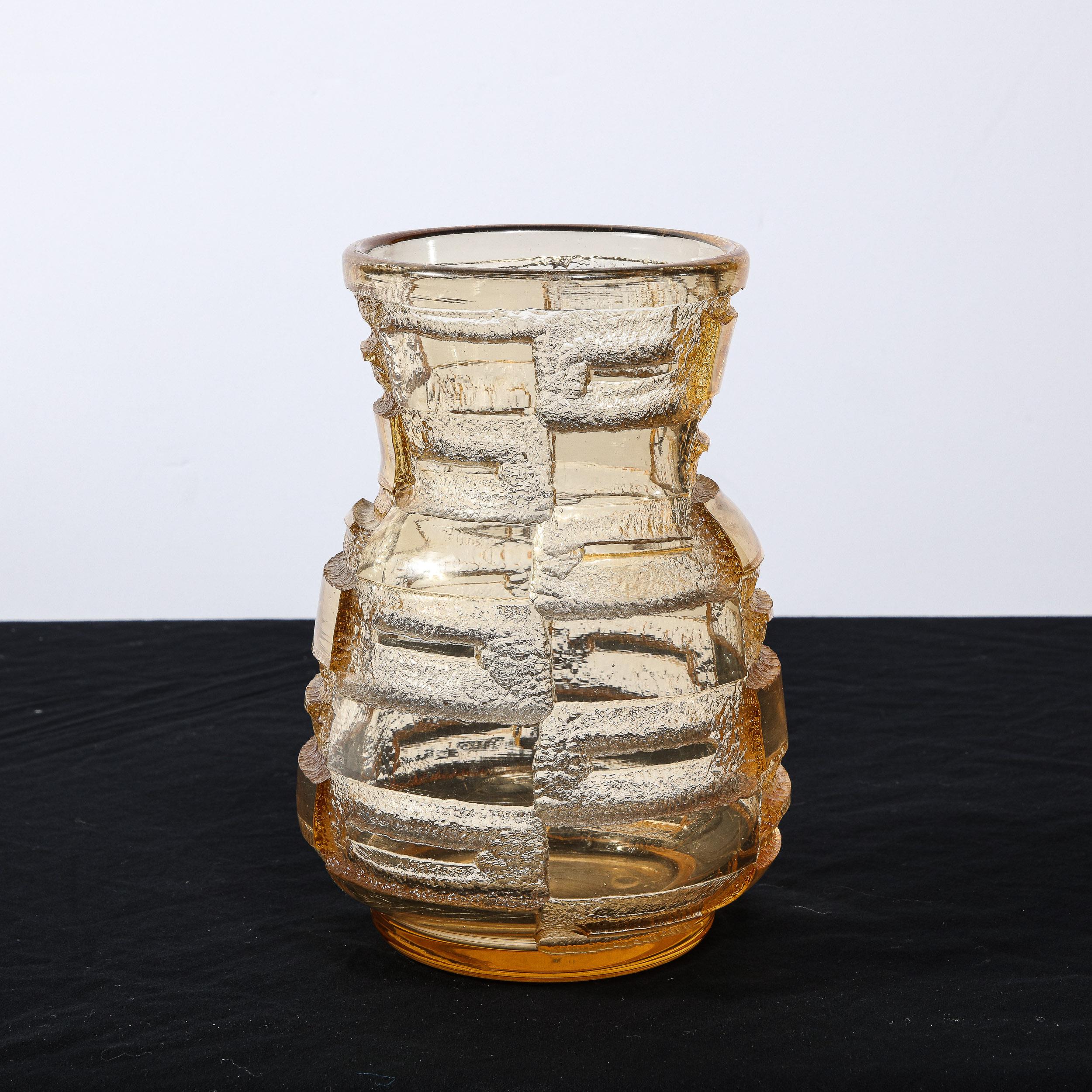 Art Deco Acid Etched Smoked Citrine Recess Molded Vase Signed by Daum Nancy For Sale 10