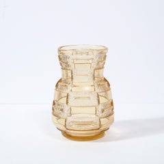 Art Deco Acid Etched Smoked Citrine Recess Molded Vase Signed by Daum Nancy