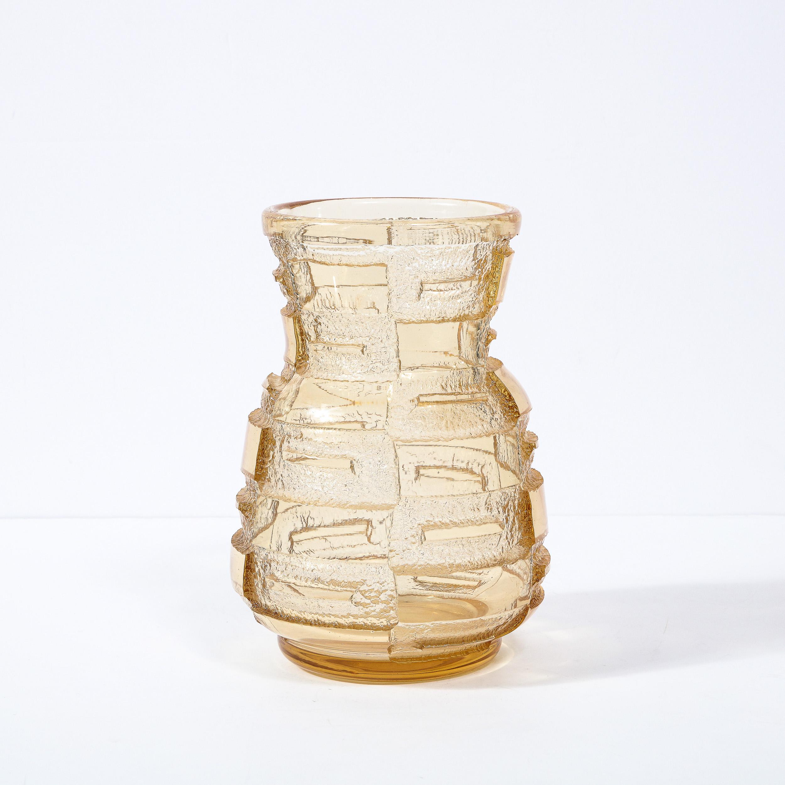 Art Deco Acid Etched Smoked Citrine Recess Molded Vase Signed by Daum Nancy In Excellent Condition For Sale In New York, NY