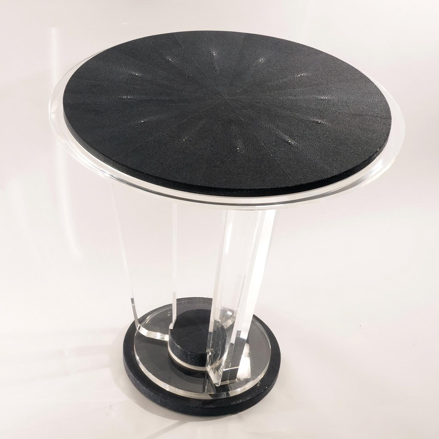 Contemporary Art Deco Acrylic and Shagreen Round Modern Side Table, in Stock For Sale