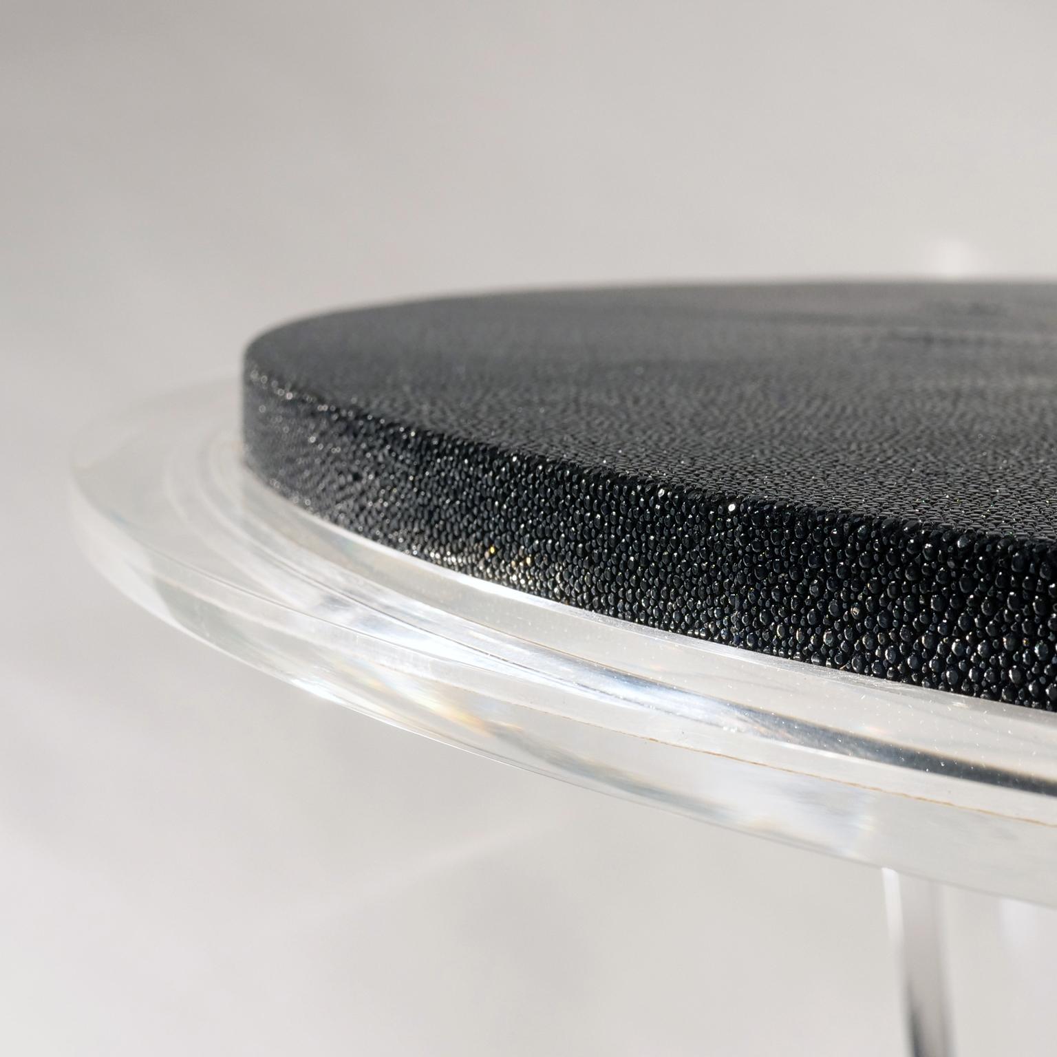 Art Deco Acrylic and Shagreen Round Modern Side Table, in Stock For Sale 1