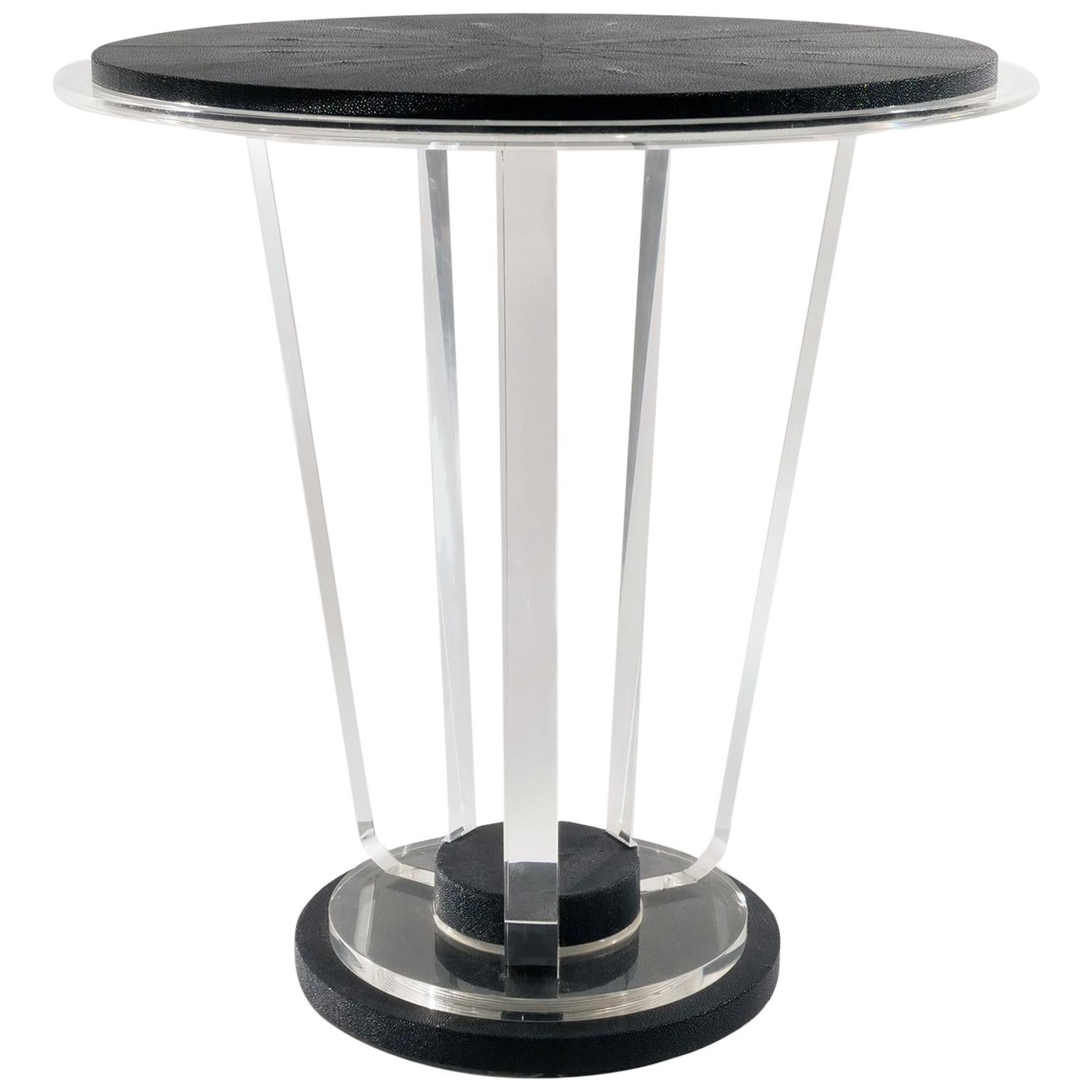 Art Deco Acrylic and Shagreen Round Modern Side Table, in Stock For Sale