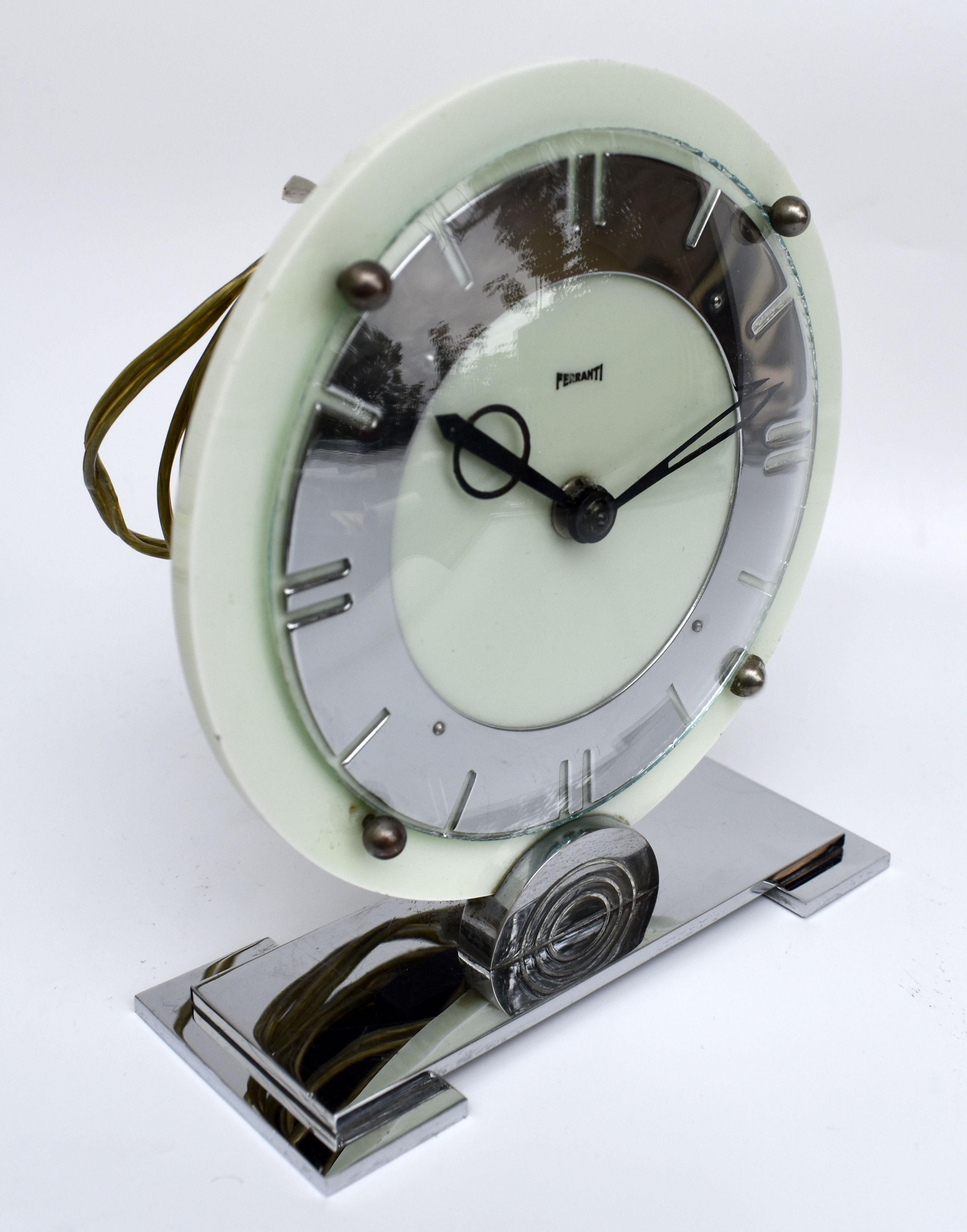 English Art Deco Acrylic & Chrome Desk Electric Clock by Ferranti, England, C1930 For Sale