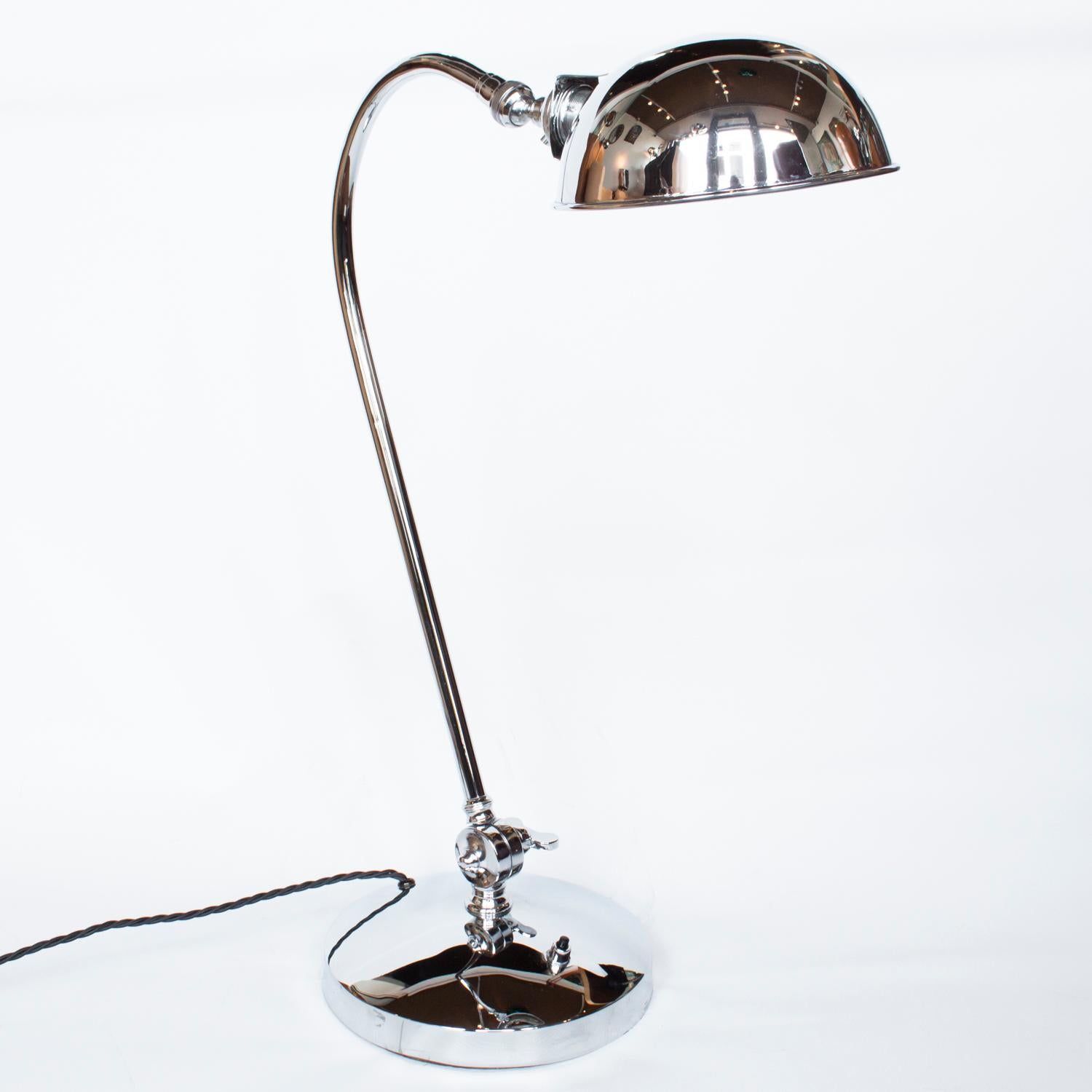 An Art Deco, adjustable, chrome desk lamp. Some replacement parts.

Fully re-furbished, re-chromed and re-wired

Dimensions: H 56cm, W 20cm

Origin: English

Date: circa 1930 

Item no: 2602201.