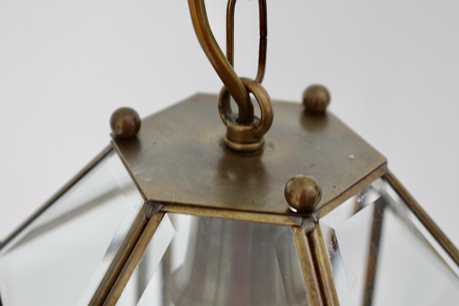 Art Deco Adolf Loos Style Vintage Brass Glass Hanging Lamp Pendant Lantern 1930s 2