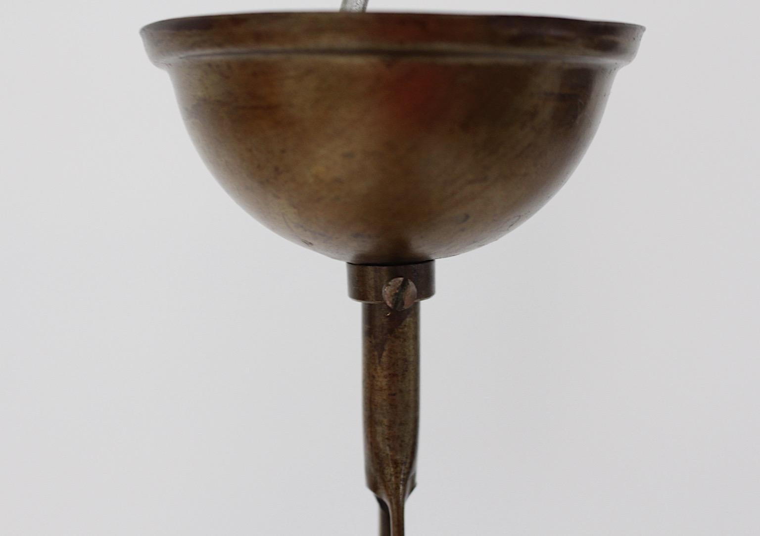 Art Deco Adolf Loos Style Vintage Brass Glass Hanging Lamp Pendant Lantern 1930s 3