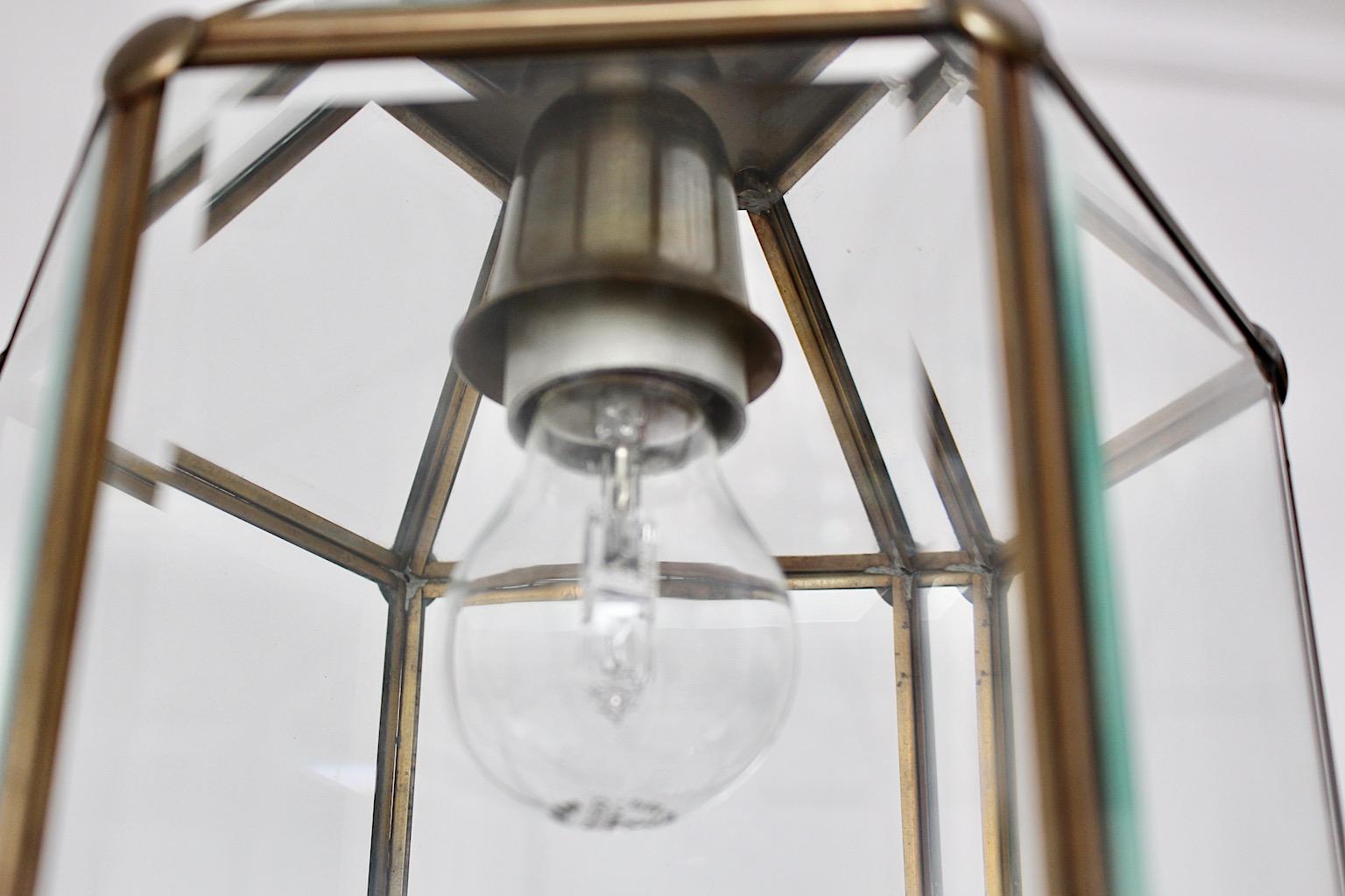 Art Deco Adolf Loos Style Vintage Brass Glass Hanging Lamp Pendant Lantern 1930s 4