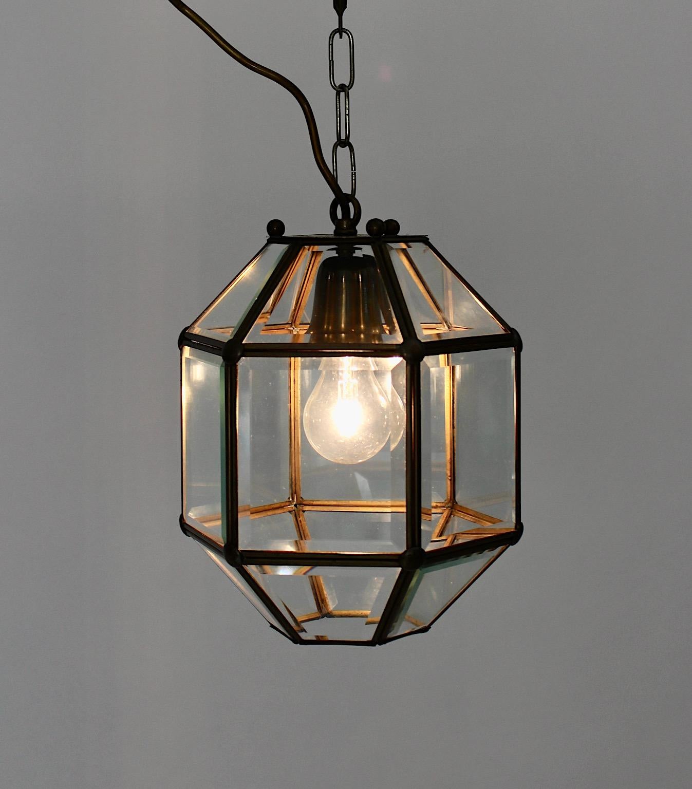 Art Deco Adolf Loos Style Vintage Brass Glass Hanging Lamp Pendant Lantern 1930s 7