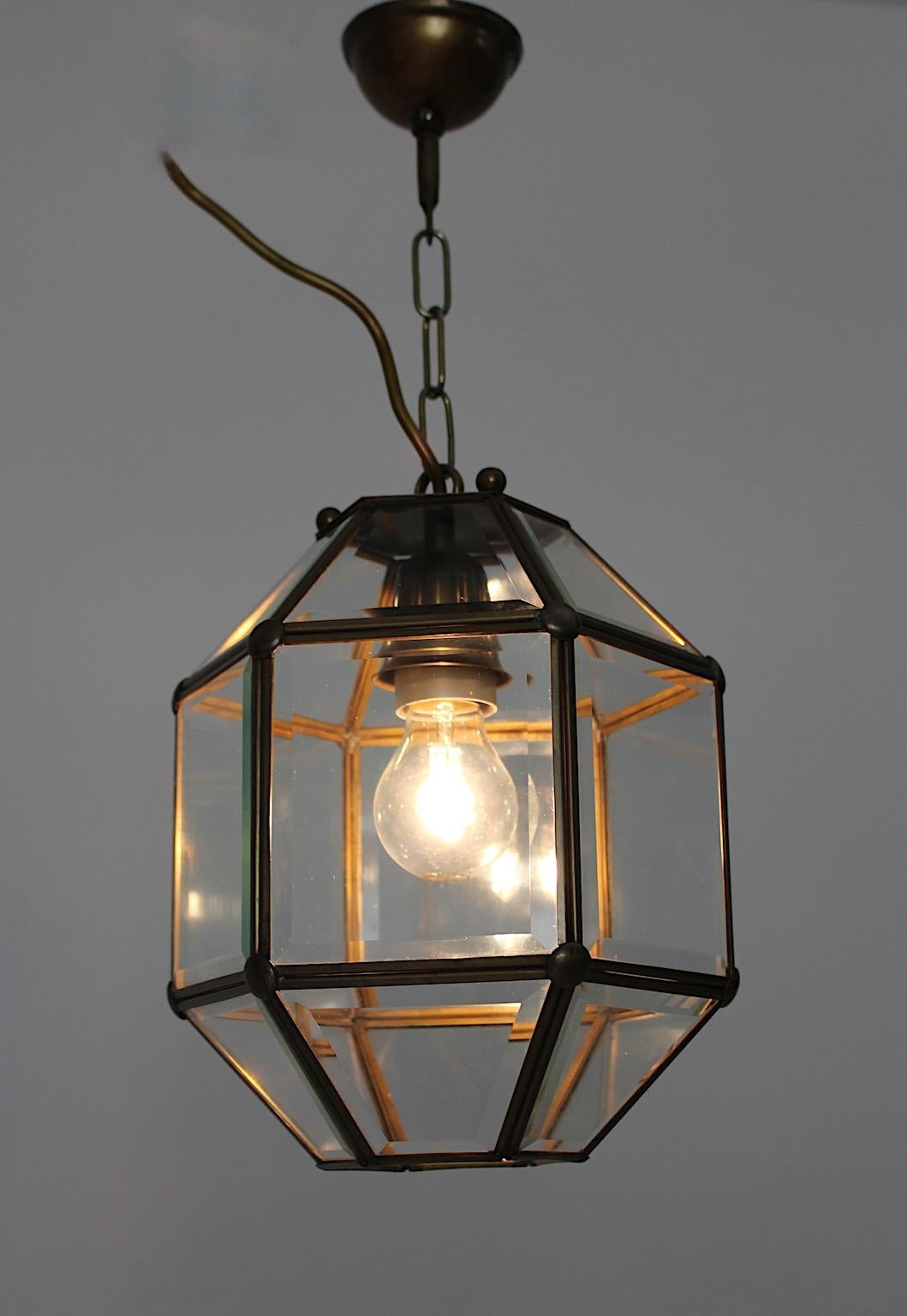 Art Deco Adolf Loos Style Vintage Brass Glass Hanging Lamp Pendant Lantern 1930s 8