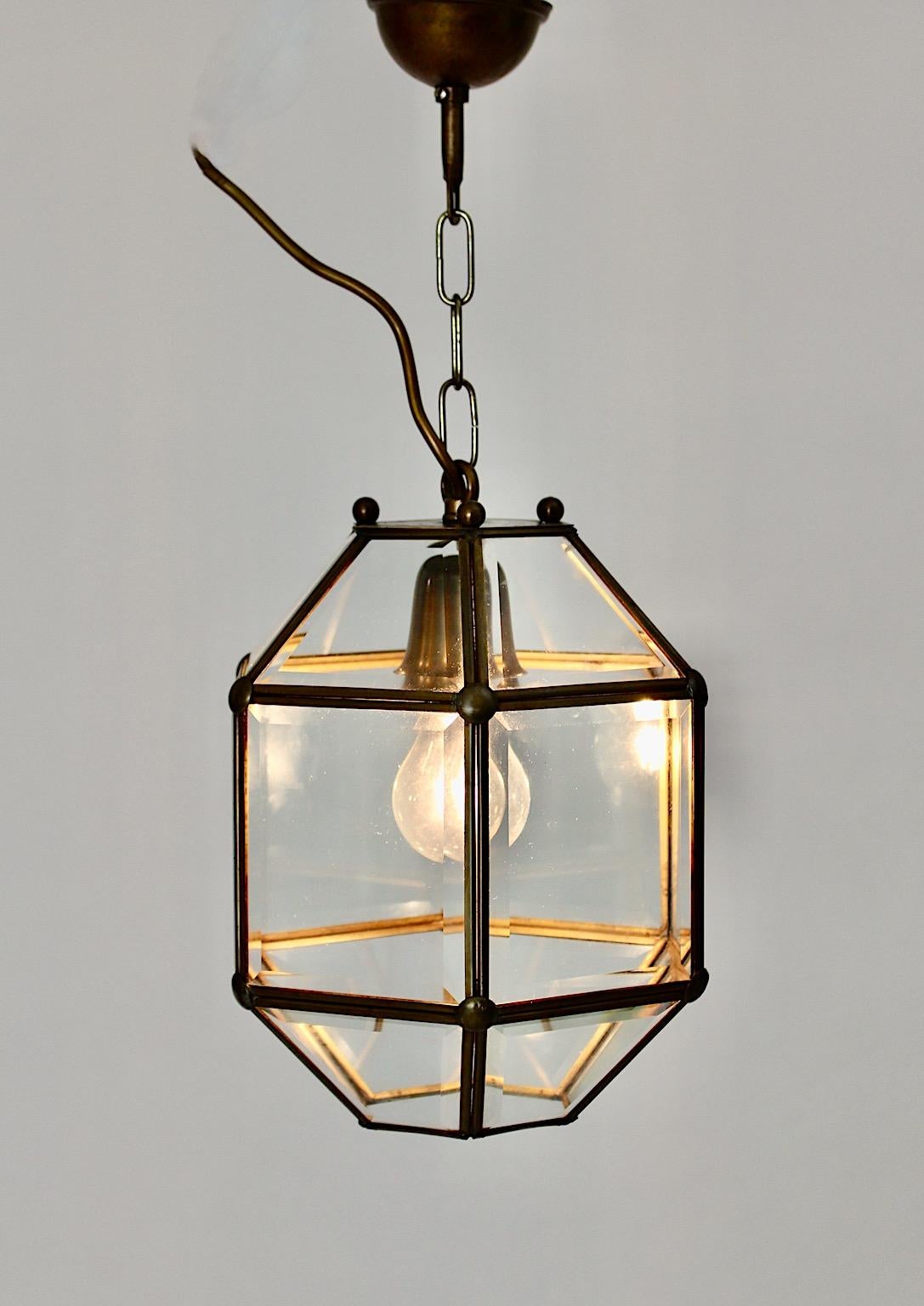 Art Deco Adolf Loos Style Vintage Brass Glass Hanging Lamp Pendant Lantern 1930s 9