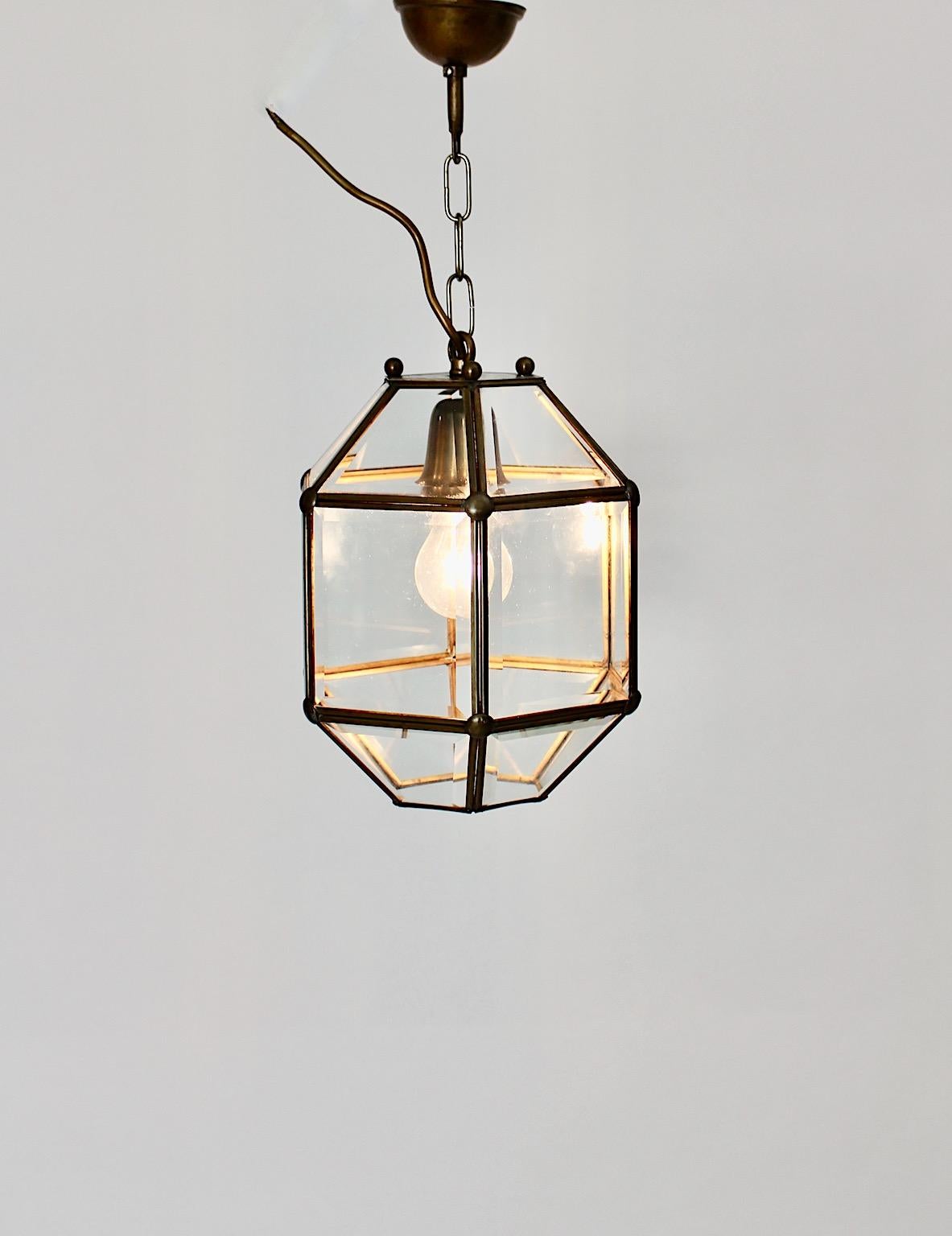 Art Deco Adolf Loos Style Vintage Brass Glass Hanging Lamp Pendant Lantern 1930s 10