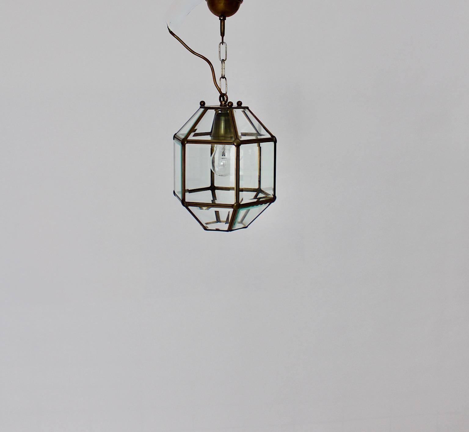 Austrian Art Deco Adolf Loos Style Vintage Brass Glass Hanging Lamp Pendant Lantern 1930s