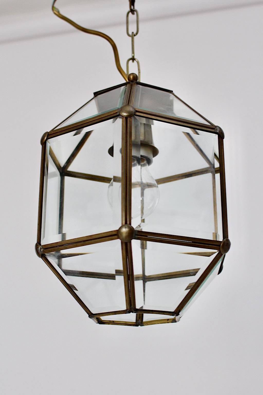 Art Deco Adolf Loos Style Vintage Brass Glass Hanging Lamp Pendant Lantern 1930s In Good Condition In Vienna, AT
