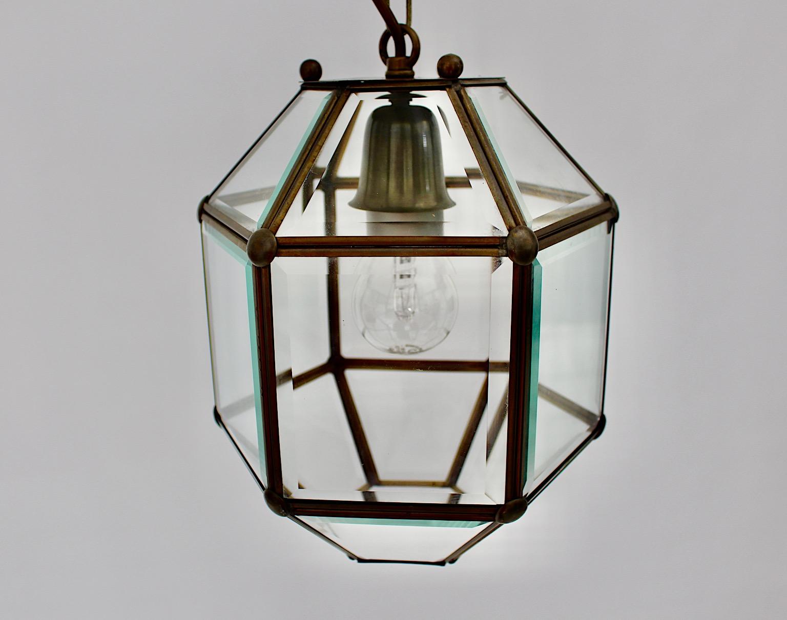 20th Century Art Deco Adolf Loos Style Vintage Brass Glass Hanging Lamp Pendant Lantern 1930s