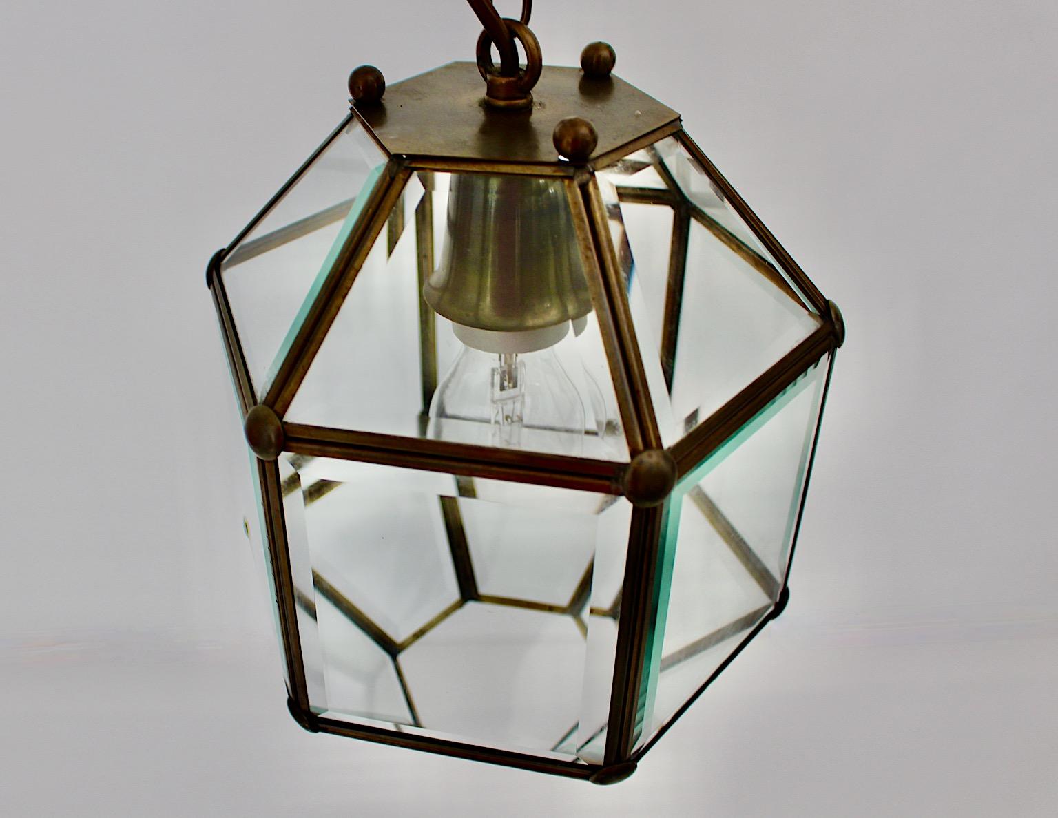 Art Deco Adolf Loos Style Vintage Brass Glass Hanging Lamp Pendant Lantern 1930s 1
