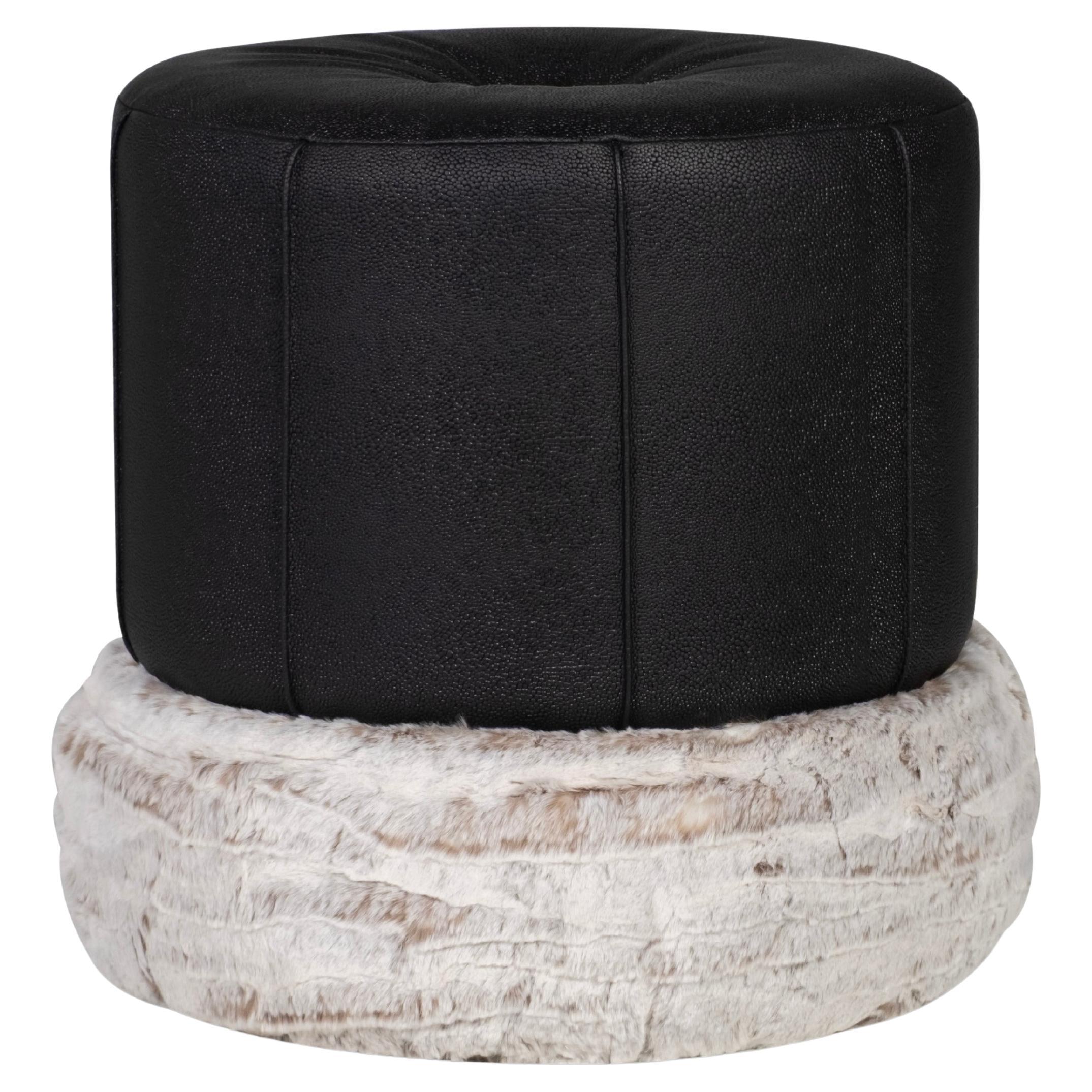 Art Deco Adonis Pouf ottomano in pelle con pelliccia sintetica fatto a mano in Portogallo Greenapple