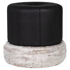 Art Deco Adonis Pouf ottomano in pelle con pelliccia sintetica fatto a mano in Portogallo Greenapple
