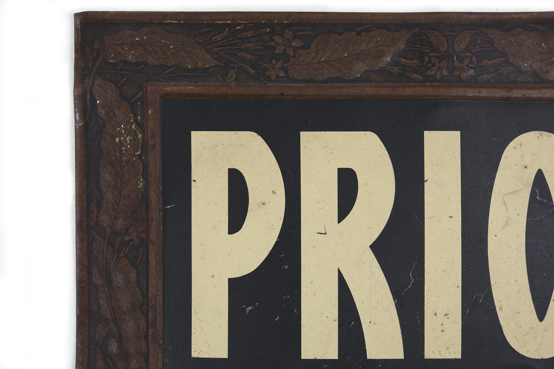 Art Deco Advertising sign “Prior” sigars on tinplate dated 1924, Italy In Good Condition For Sale In Meulebeke, BE